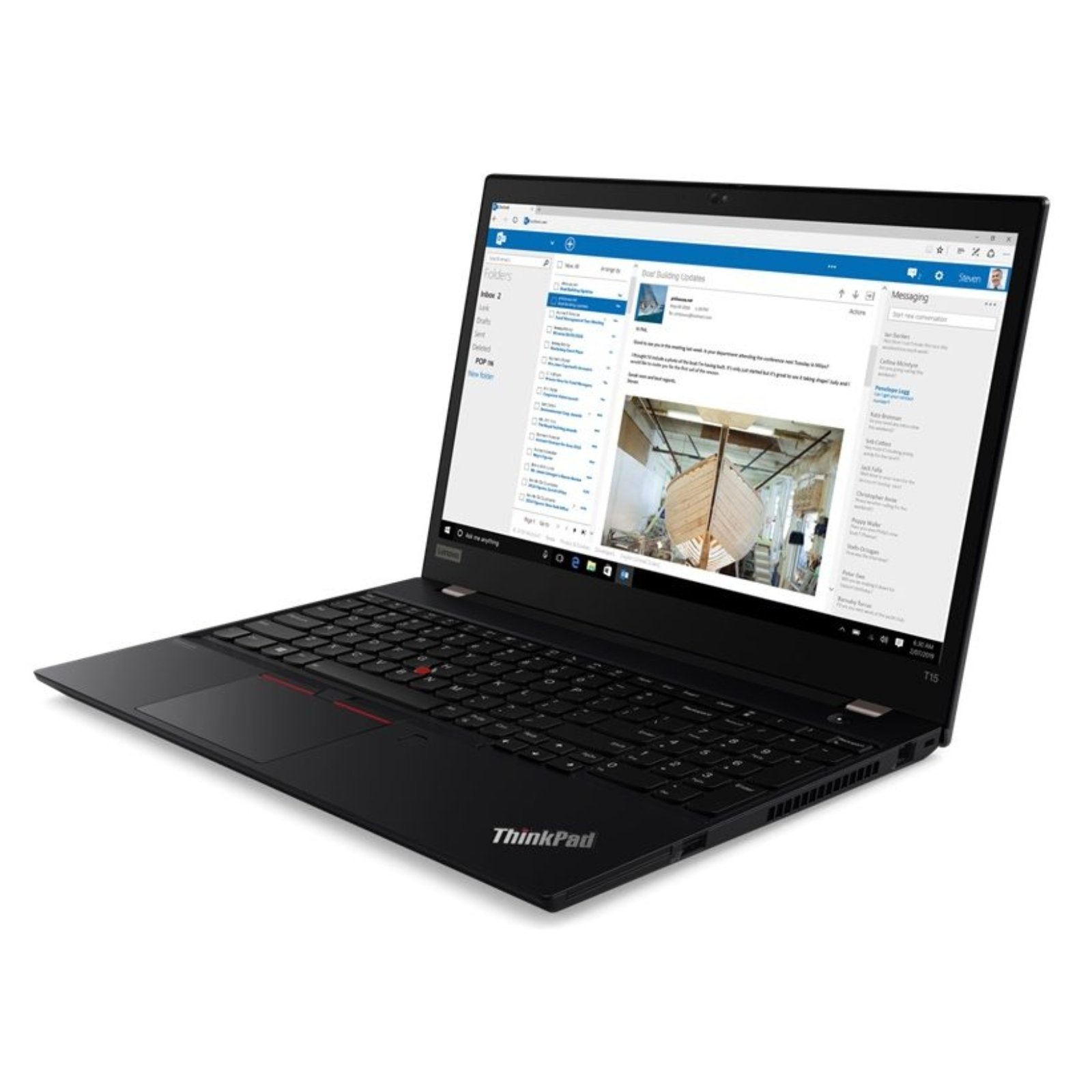Portátil Lenovo ThinkPad T15 Gen 1 recondicionado JANSit – Vista lateral direita do portátil profissional, exibindo a porta de rede Ethernet RJ45, porta USB Tipo-A, leitor de cartões MicroSD e ranhura de segurança. Com garantia JANSit.