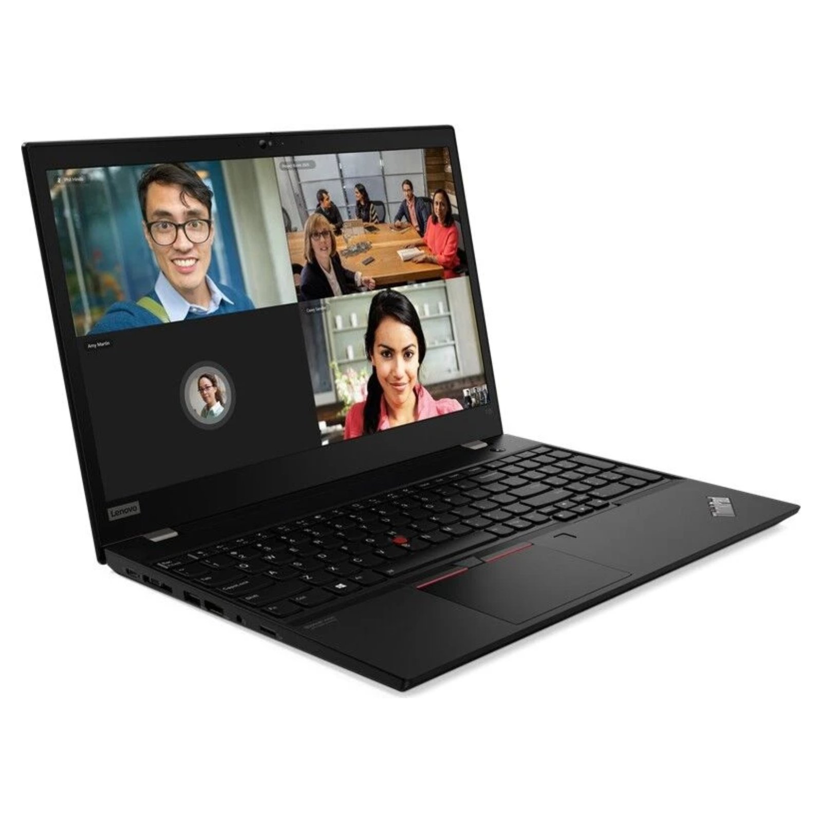 Portátil Lenovo ThinkPad T15 Gen 1 recondicionado JANSit – Vista lateral esquerda do portátil empresarial premium, exibindo as portas Thunderbolt 3, USB-C, conector para docking station e saída HDMI. Com garantia JANSit.