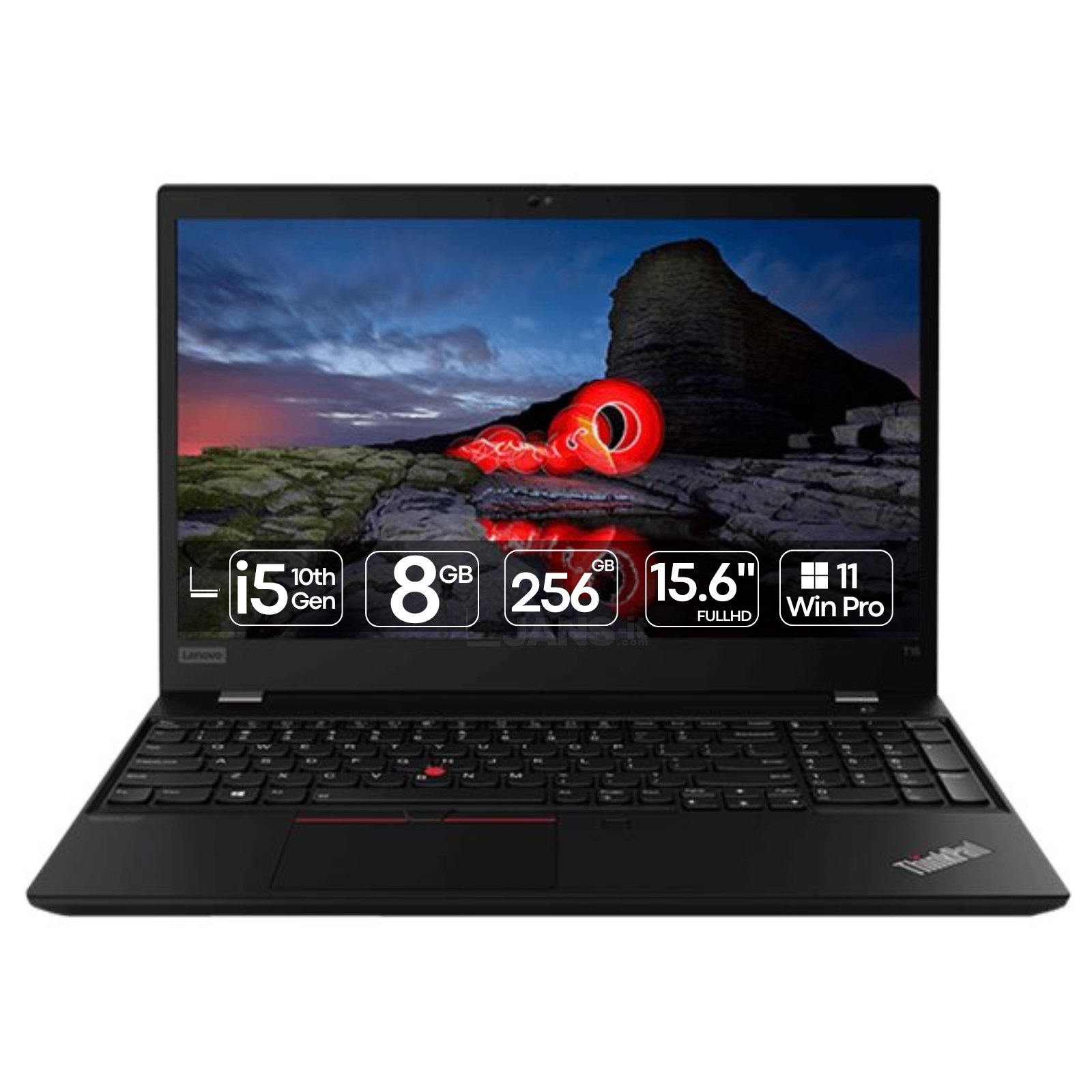 Portátil Lenovo ThinkPad T15 Gen 1 i5 recondicionado JANSit – Portátil empresarial premium de 15.6 polegadas com teclado numérico integrado, TrackPoint e processador Intel Core i5. Imagem frontal do portátil aberto com garantia JANSit.