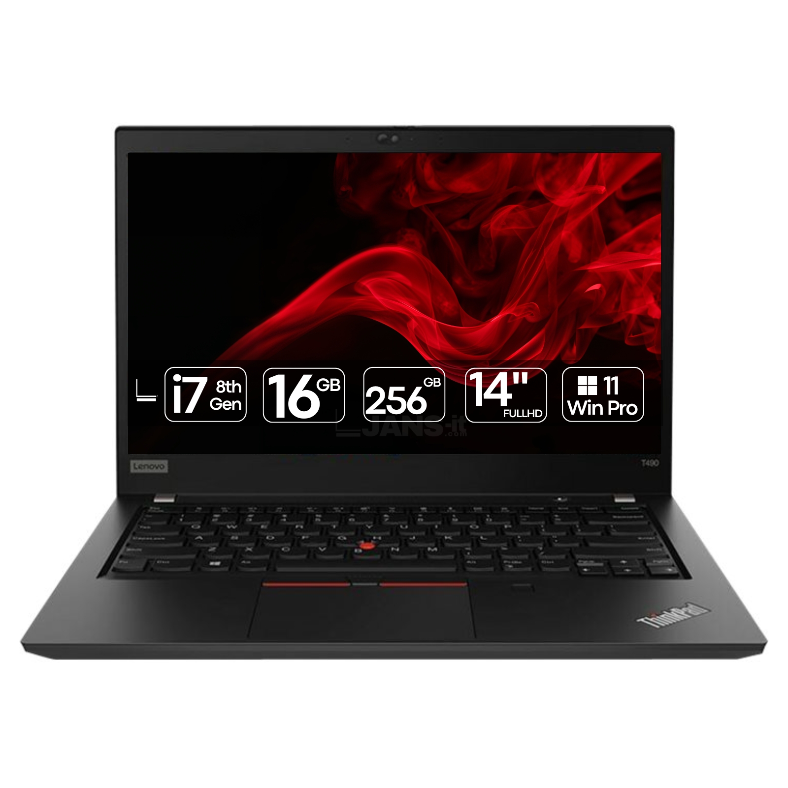 Portátil Lenovo ThinkPad T490 i7 recondicionado JANSit – Portátil profissional de 14 polegadas de alta performance com processador Intel Core i7 e chassis robusto de alta durabilidade. Imagem frontal do computador portátil aberto com garantia JANSit.
