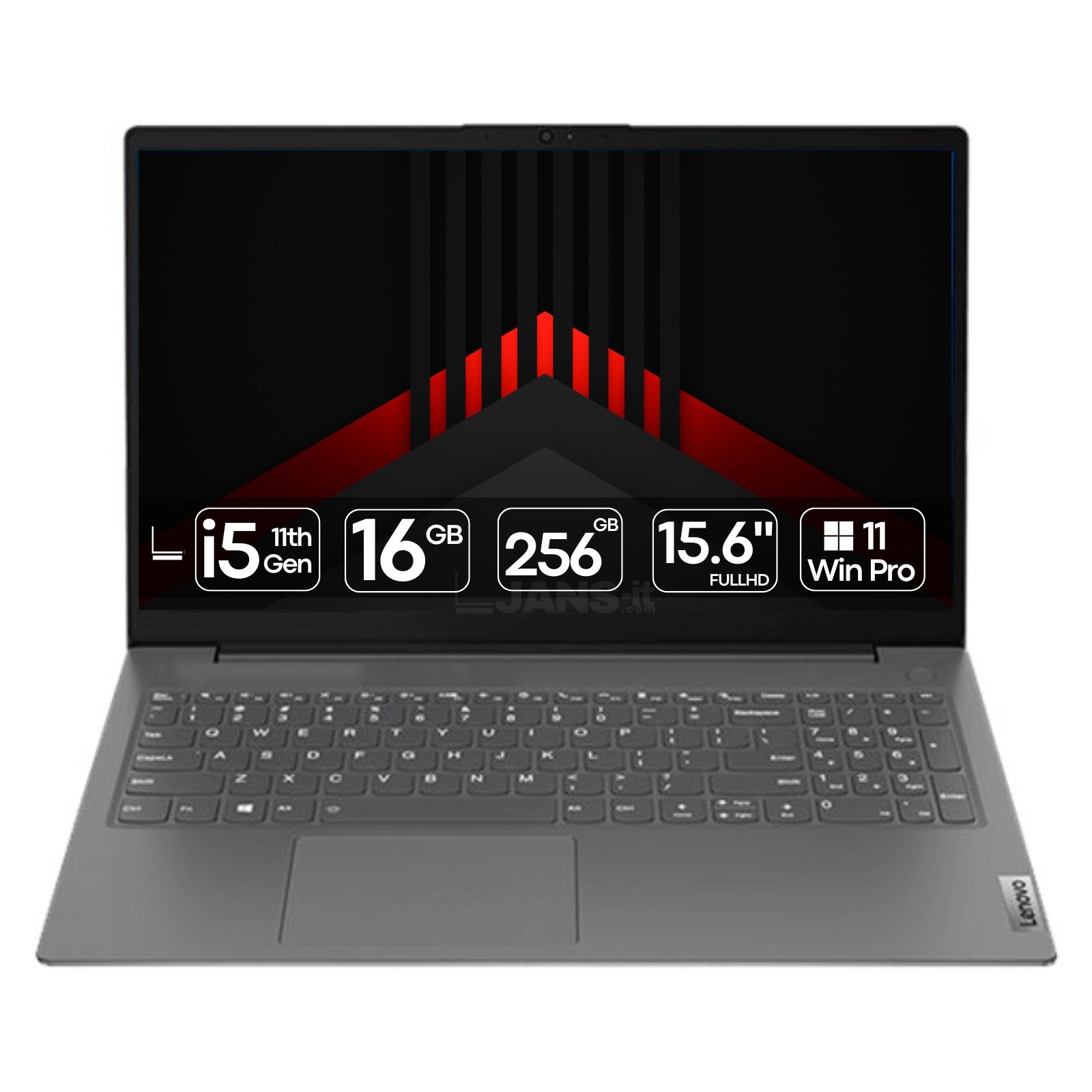 Portátil Lenovo V15 G2 i5 recondicionado JANSit – Portátil de 15.6 polegadas ideal para escritório e estudantes com processador Intel Core i5 e teclado numérico completo. Imagem frontal do computador portátil aberto com garantia JANSit.