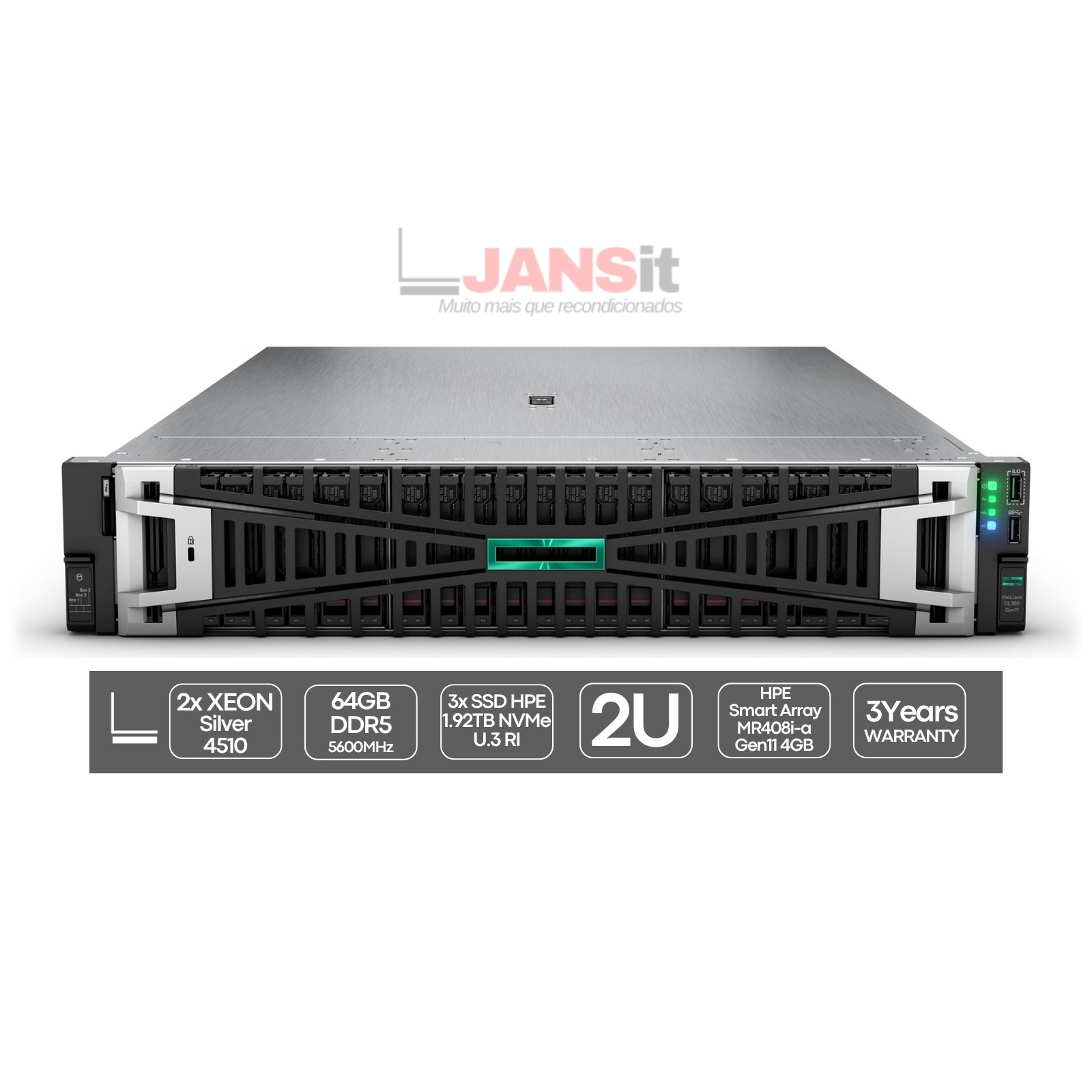 Servidor Novo em Caixa Selada HPE ProLiant DL380 Gen11 com 3x SSD NVMe 1.92TB e controladora MR408i-a JANSit – Servidor de rack de alta velocidade e desempenho empresarial. Imagem da embalagem original lacrada de fábrica com garantia JANSit.