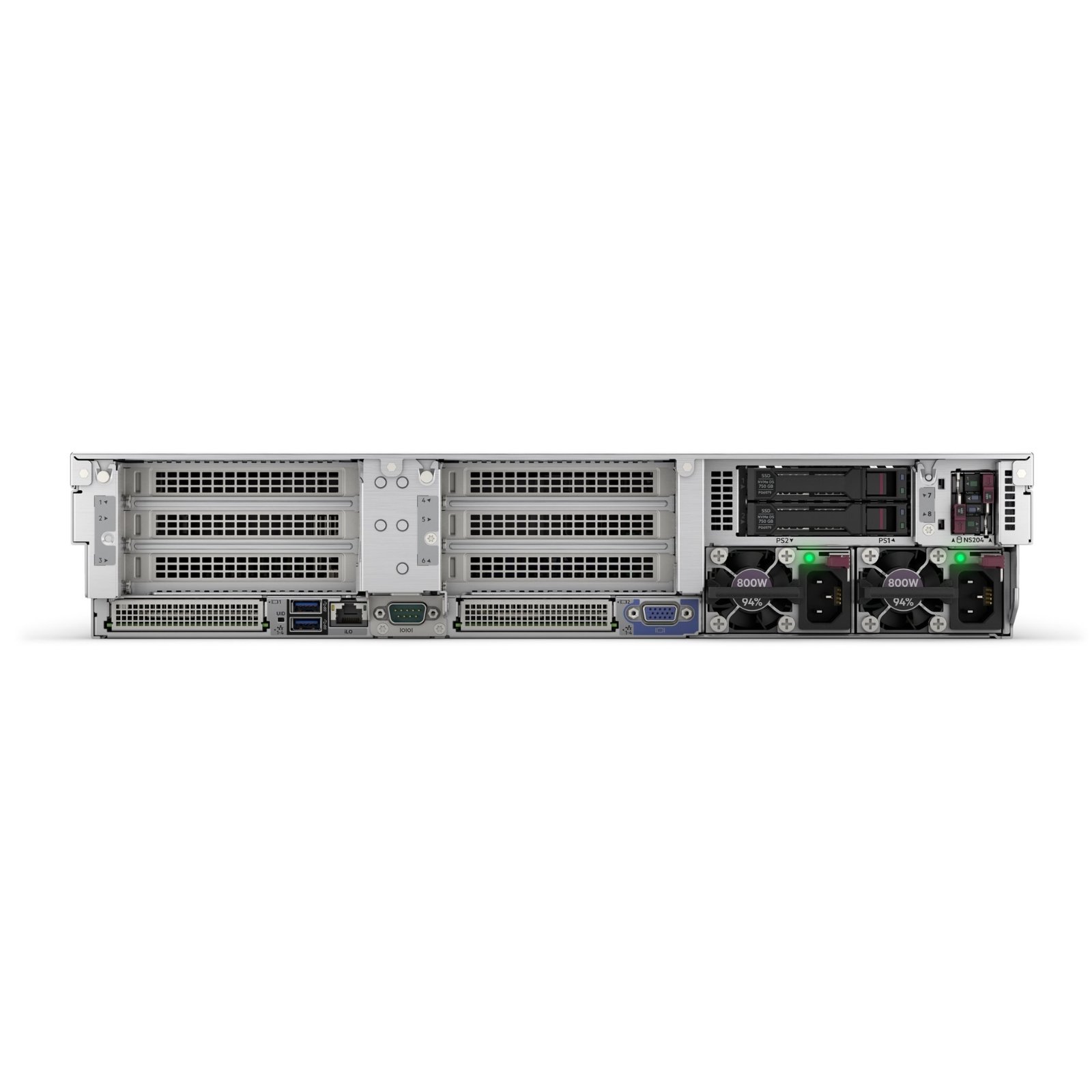 Servidor Novo em Caixa Selada HPE ProLiant DL380 Gen11 com controladora MR408i-a JANSit – Conexões de rede, fontes redundantes e 3 anos de garantia empresarial. Vista traseira da caixa do servidor HPE Gen11 com garantia JANSit.