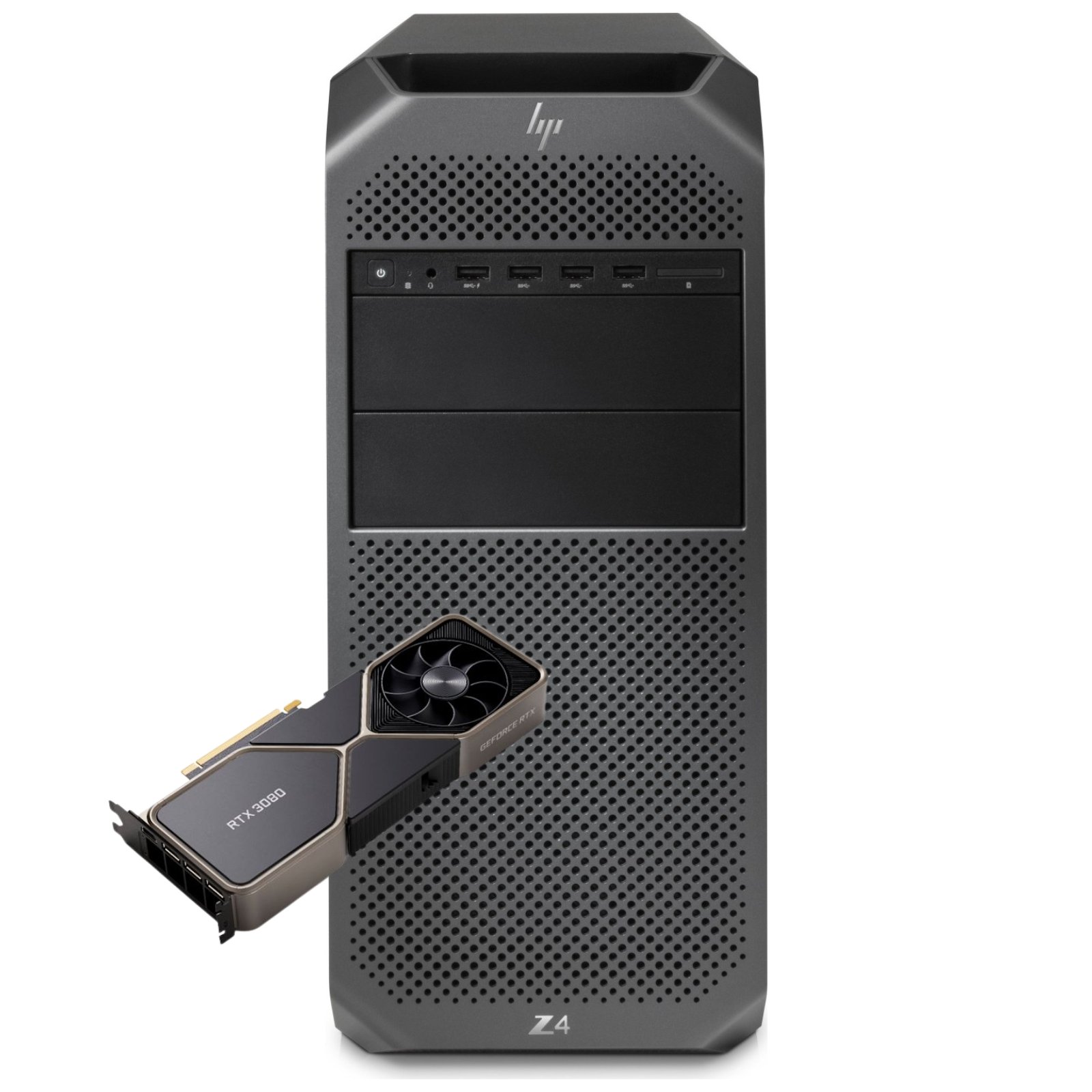 Workstation HP Z4 G4 i9 recondicionada JANSit – Computador profissional de alta performance com processador Intel Core i9 e placa gráfica NVIDIA GeForce RTX 3080 para renderização 3D, IA e gaming avançado. Imagem frontal da torre com garantia JANSit.