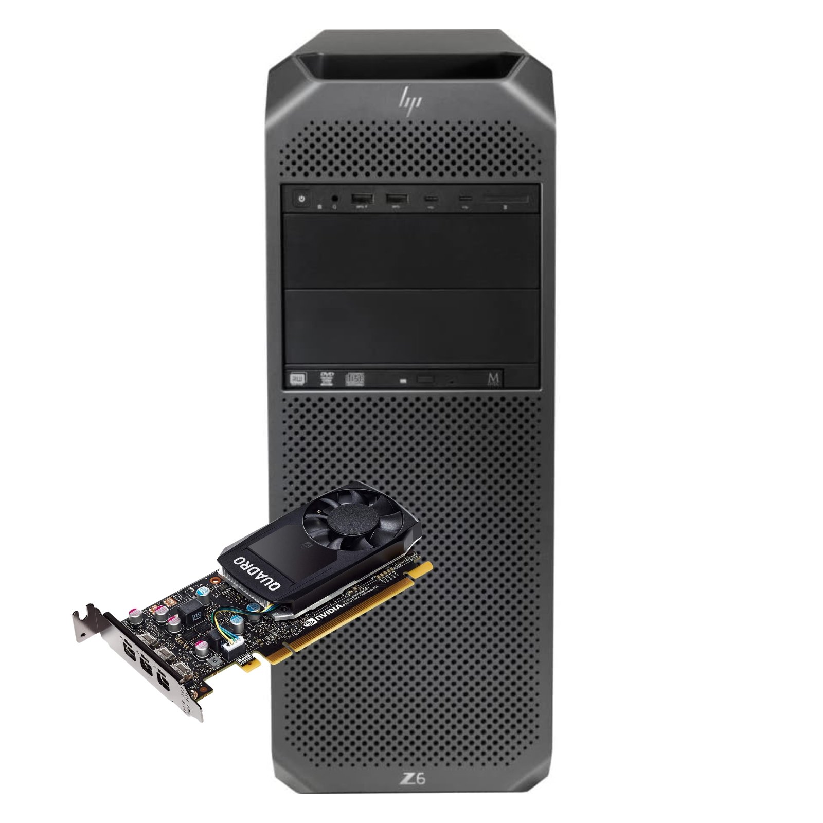Workstation HP Z6 G4 recondicionada JANSit – Computador profissional de alto desempenho com placa gráfica NVIDIA Quadro P620 para design, CAD e modelação 3D. Imagem frontal da torre de trabalho HP Z6 com garantia JANSit.