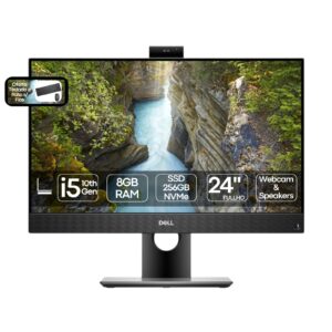 Computador All-in-One Dell OptiPlex 5480 recondicionado JANSit – Computador tudo-em-um de 23.8 polegadas Full HD IPS com processador Intel Core i5. Vista frontal exibindo o ecrã antirreflexo de molduras finas, webcam pop-up integrada e base de suporte preta. Com garantia JANSit.