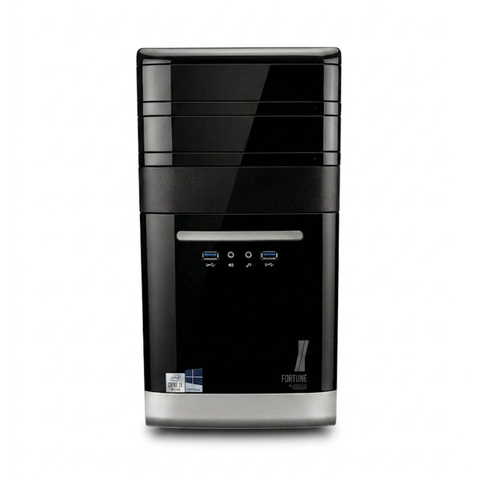 Imagem principal do computador de secretária recondicionado DT Tsunami Fortune Tower. Esta fotografia em perspetiva frontal foca na estrutura robusta da caixa em torre, no design funcional para ambiente corporativo e nas ligações frontais de acesso rápido. Um desktop fiável e expansível disponível na JANSit, ideal para empresas, escritórios e utilizadores que procuram bom desempenho a um preço acessível.