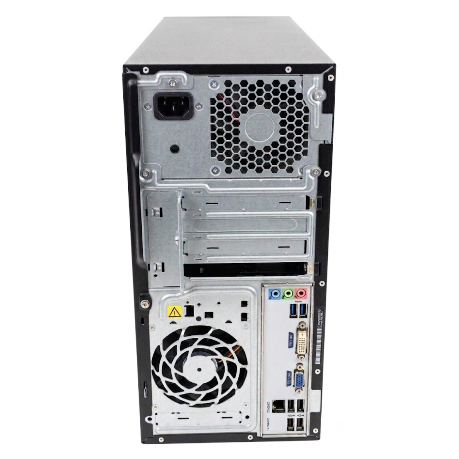 Detalhe da parte traseira da torre de secretária recondicionada DT Tsunami Fortune Tower. Esta imagem destaca o painel completo de conexões traseiras (portas USB, saídas de vídeo, entradas de áudio e porta de rede Ethernet RJ-45), a grelha do exaustor e a fonte de alimentação. Uma opção versátil disponível na JANSit para quem procura um computador de escritório expansível e fácil de conectar a múltiplos periféricos.