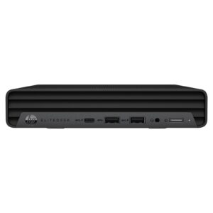Computador HP EliteDesk 800 G6 Mini recondicionado JANSit – Computador de secretária ultra compacto de formato Mini. Vista frontal exibindo o chassis elegante em preto com grelha de ventilação, botão de ligação, portas USB de alta velocidade e tomada combinada para auscultadores. Com garantia JANSit.
