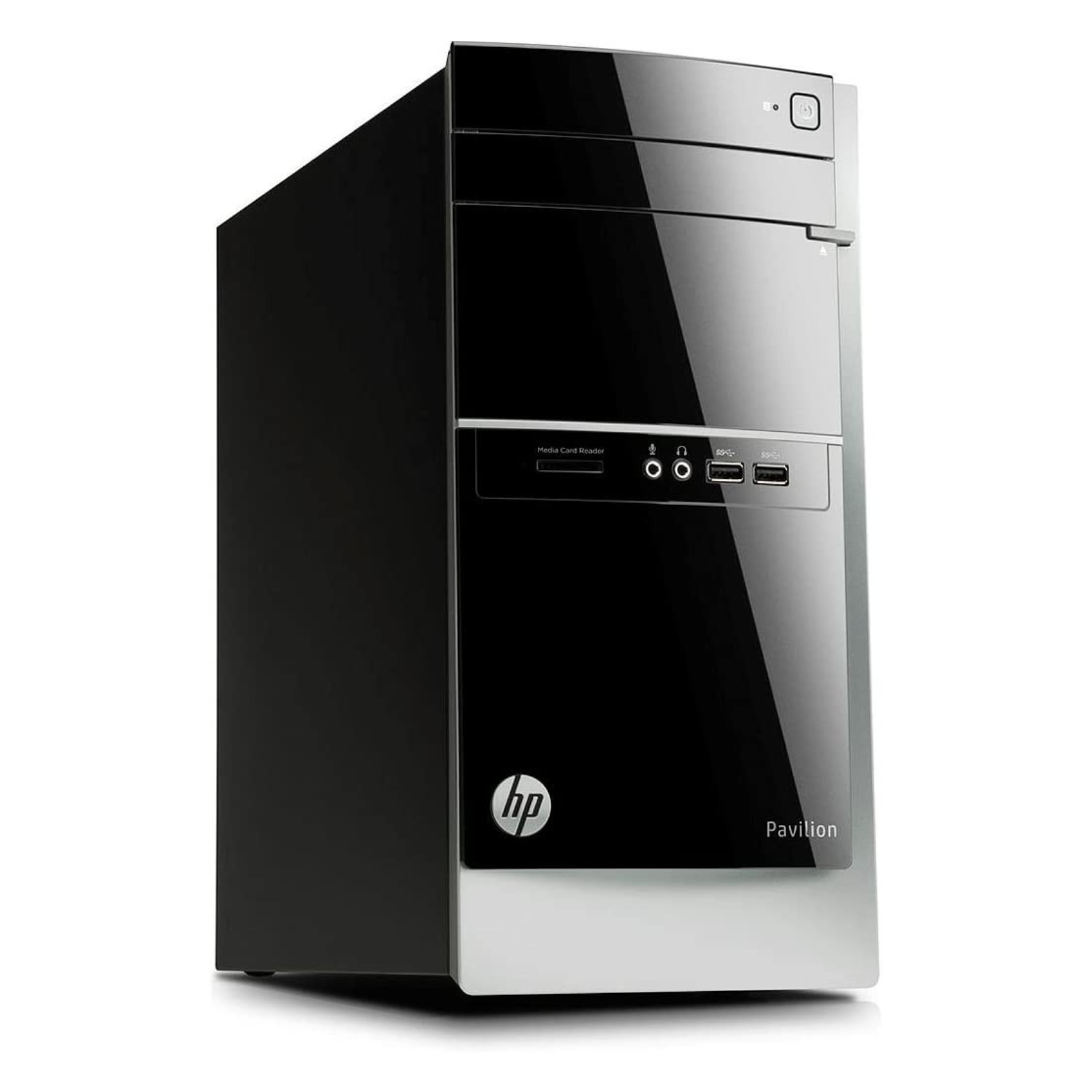 Detalhe da lateral direita da torre do computador recondicionado HP Pavilion 500. Esta imagem foca no chassi metálico resistente, no acabamento fosco e nas dimensões equilibradas desta torre de secretária. Um equipamento prático e durável disponível na JANSit, ideal para integrar facilmente em qualquer espaço de trabalho ou casa.