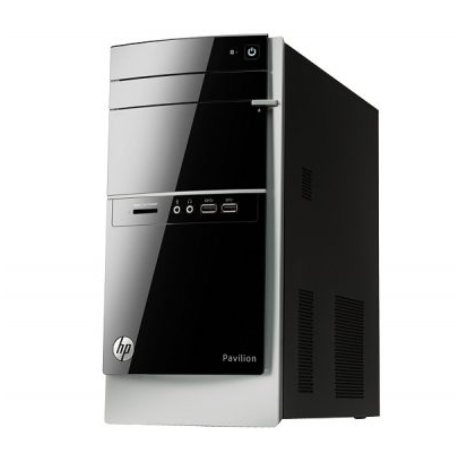 Detalhe da lateral esquerda da torre do computador recondicionado HP Pavilion 500. Esta imagem mostra a grelha de ventilação lateral desenhada para otimizar o fluxo de ar e manter os componentes internos com a temperatura ideal. Uma escolha fiável e económica disponível na JANSit para quem procura um desktop de secretária durável e com bom arrefecimento.