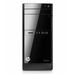 Imagem principal do computador de secretária recondicionado HP Pavilion 500. Esta fotografia em perspetiva frontal destaca o design compacto e elegante do chassi, o painel de conexões frontais de fácil acesso e o acabamento em preto brilhante. Uma excelente solução de desktop acessível e fiável disponível na JANSit, perfeita para tarefas do dia a dia, trabalho de escritório e utilização familiar.