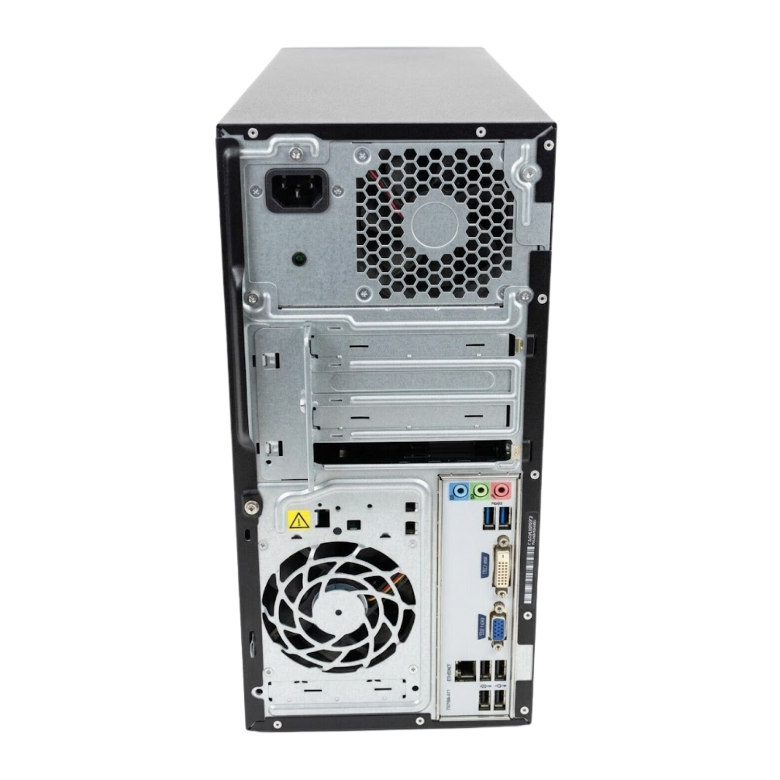 Detalhe da parte traseira da torre de secretária recondicionada HP Pavilion 500. Esta imagem destaca o painel completo de portas de E/S (incluindo entradas de áudio, saídas de vídeo VGA/DVI/HDMI, portas USB e porta de rede RJ-45 Ethernet), a ventoinha de exaustão e a fonte de alimentação. Um equipamento versátil e pronto a ligar a múltiplos monitores e periféricos, disponível com garantia na JANSit.