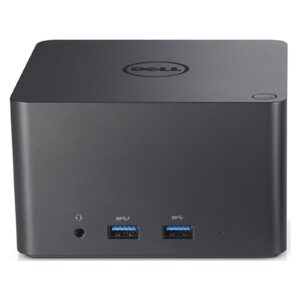 Docking Station Dell WLD15 Wireless Dock recondicionada JANSit – Estação de ancoragem sem fios compacta em formato de cubo preto, exibindo o painel frontal com portas USB de alta velocidade e saída de áudio. Imagem principal com garantia JANSit.