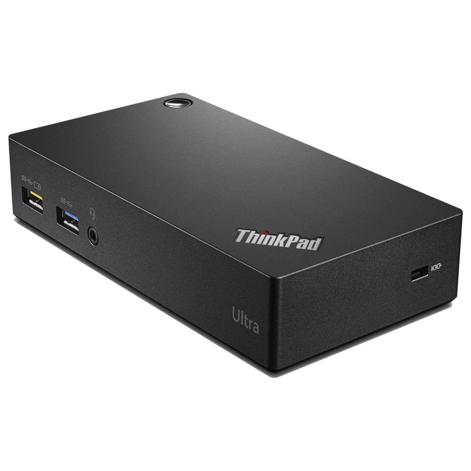Docking Station Lenovo ThinkPad USB 3.0 Ultra Dock recondicionada JANSit – Estação de ancoragem compacta para computadores portáteis, exibindo o design frontal preto com indicador LED de energia e ranhura de segurança. Imagem principal com garantia JANSit.