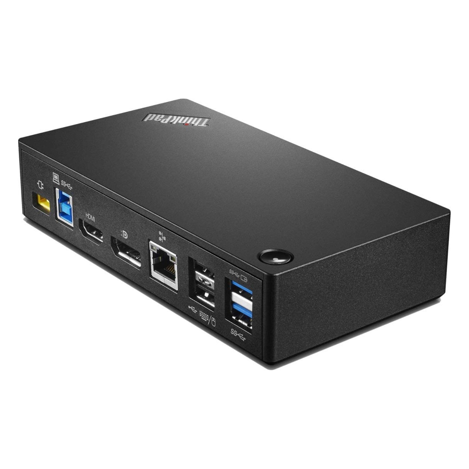 Docking Station Lenovo ThinkPad USB 3.0 Ultra Dock recondicionada JANSit – Vista traseira da estação de ancoragem, exibindo o painel de conectividade com portas USB 3.0, saídas de vídeo HDMI e DisplayPort, porta de rede Ethernet RJ45 e entrada de alimentação. Com garantia JANSit.