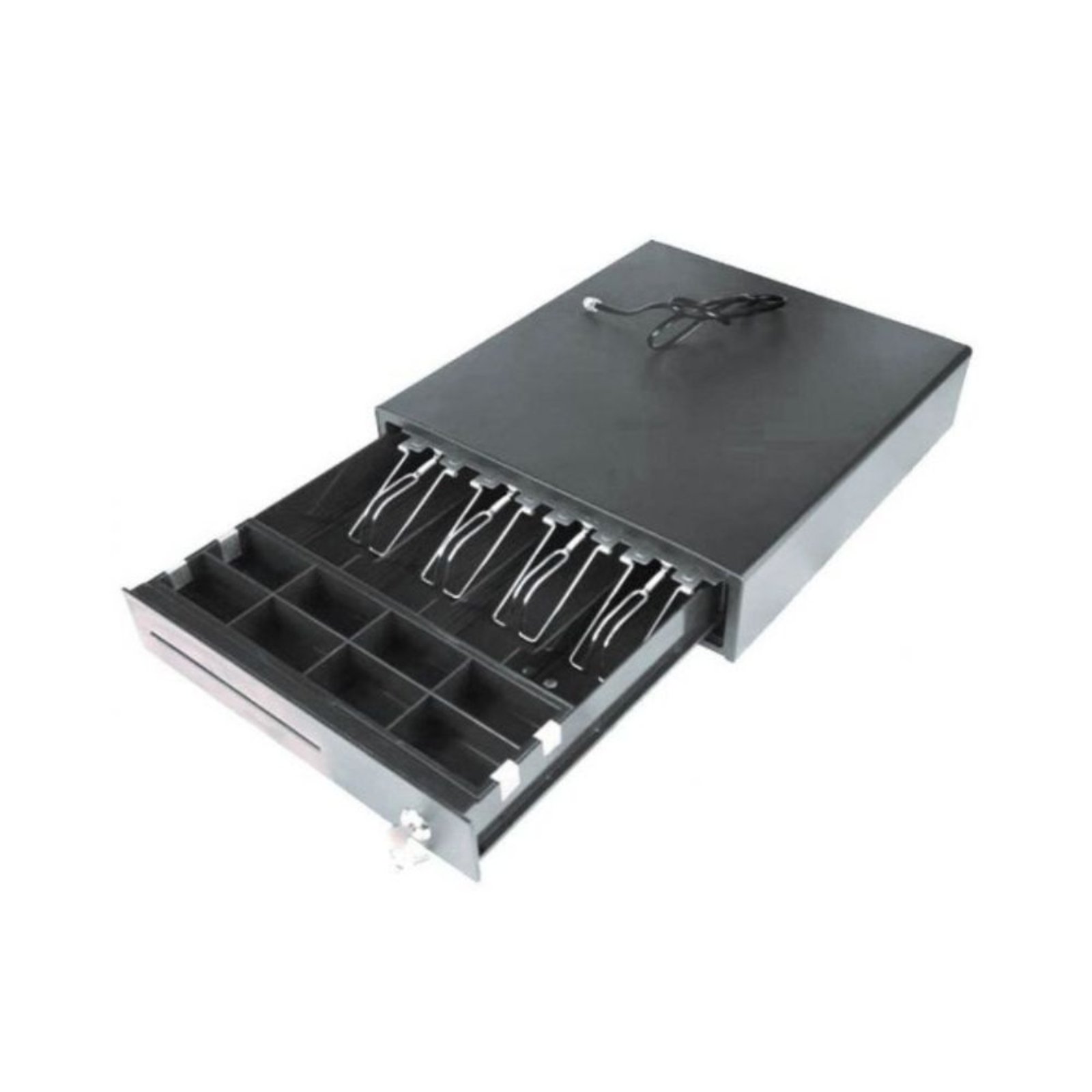 Gaveta de dinheiro de 37cm nova JANSit – Vista lateral com a gaveta aberta, exibindo a extensão total das calhas de deslize suave, a estrutura metálica robusta e a organização interna dos compartimentos para notas com clipes metálicos e moedas. Com a garantia JANSit.