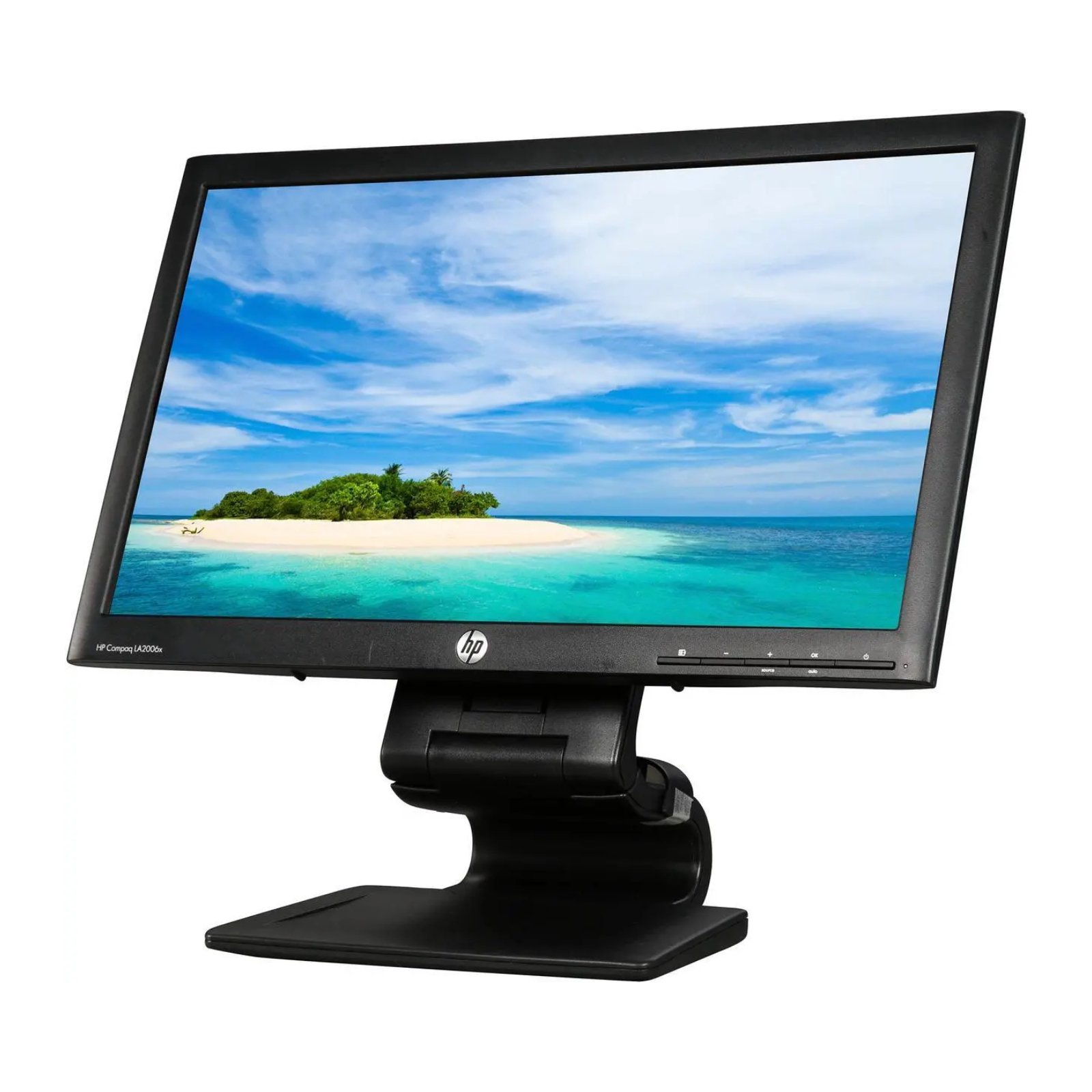 Monitor HP Compaq LA2006x recondicionado JANSit – Vista lateral direita do ecrã profissional de 20 polegadas, exibindo o perfil robusto do chassis preto fosco e o mecanismo do suporte ergonómico ajustável. Com garantia JANSit.