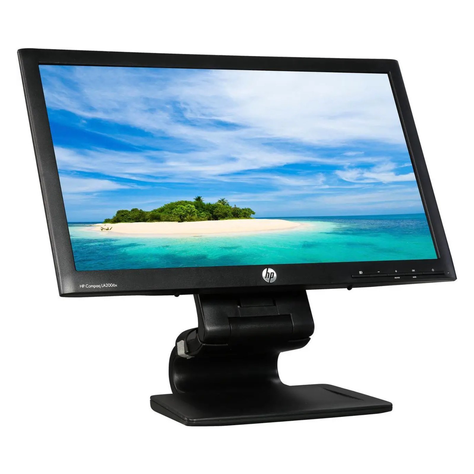 Monitor HP Compaq LA2006x recondicionado JANSit – Vista lateral esquerda do monitor profissional de 20 polegadas, exibindo o perfil fino do ecrã, a amplitude de inclinação do suporte e o hub com portas USB integradas no chassis. Com garantia JANSit.