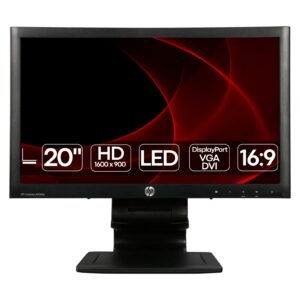 Monitor HP Compaq LA2006x recondicionado JANSit – Monitor profissional de 20 polegadas retroiluminado por LED, com ecrã antirreflexo e suporte ergonómico ajustável em altura. Imagem frontal com garantia JANSit.