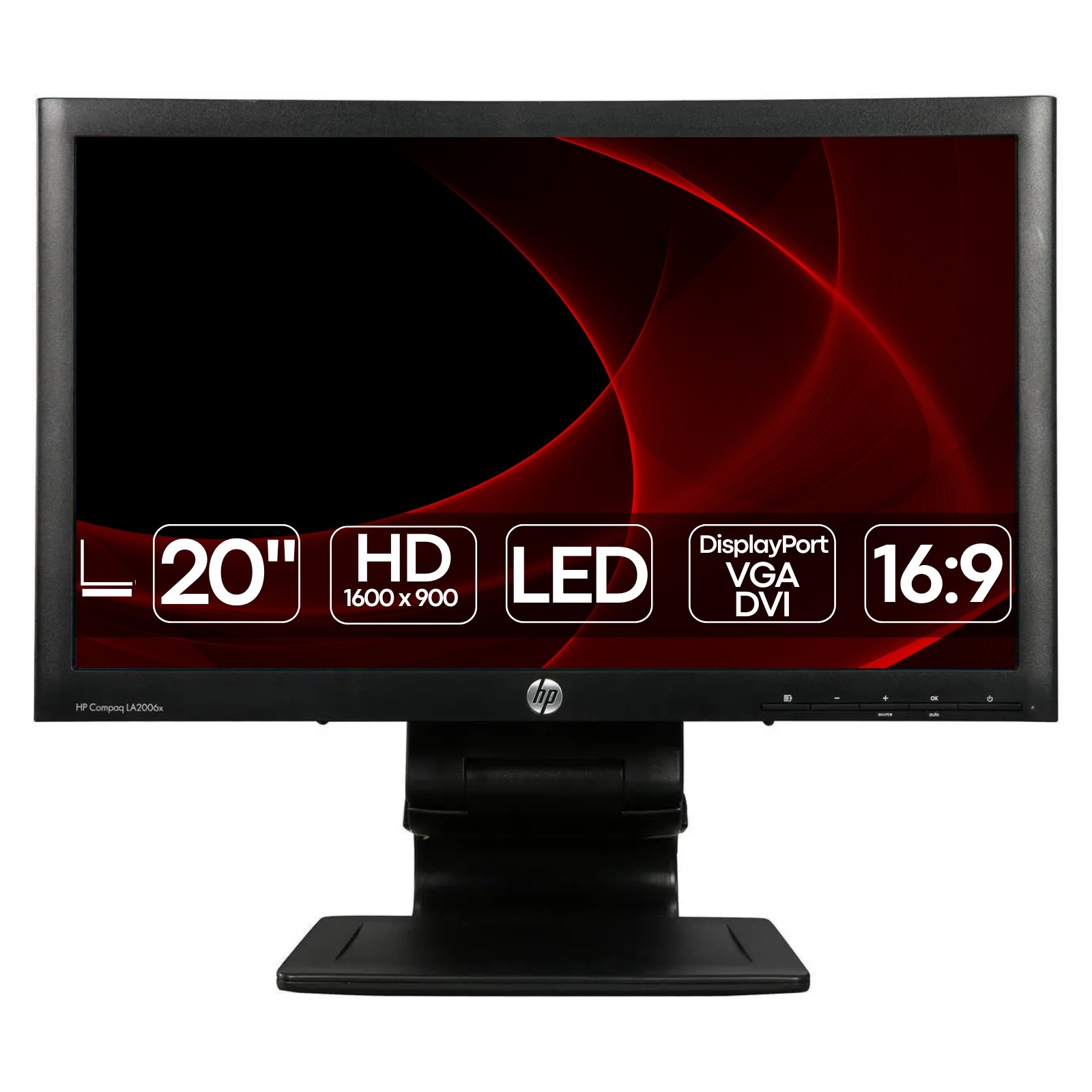 Monitor HP Compaq LA2006x recondicionado JANSit – Monitor profissional de 20 polegadas retroiluminado por LED, com ecrã antirreflexo e suporte ergonómico ajustável em altura. Imagem frontal com garantia JANSit.