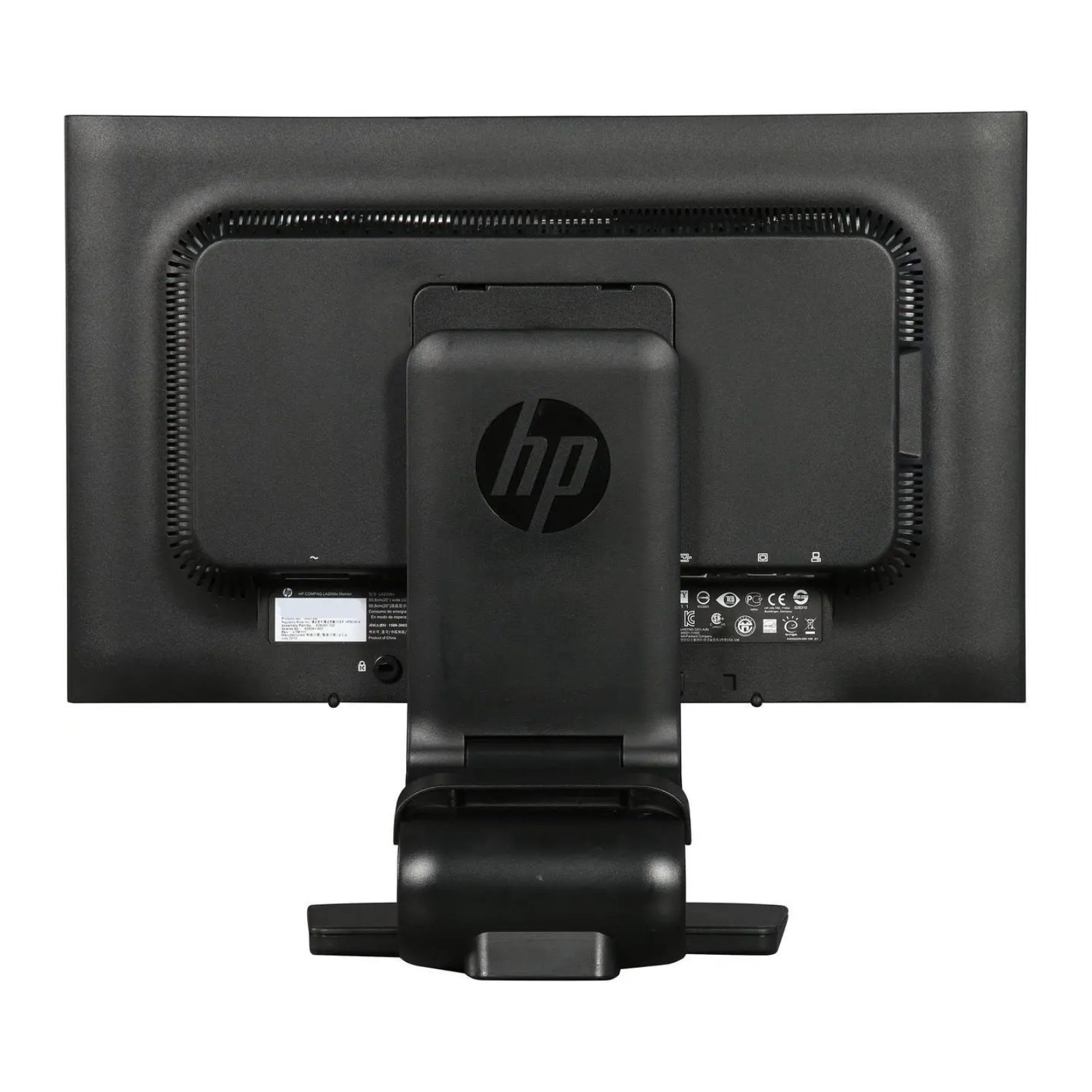 Monitor HP Compaq LA2006x recondicionado JANSit – Vista traseira do monitor de 20 polegadas, exibindo o painel de conexões de vídeo DisplayPort, DVI e VGA, ranhura de segurança e furação para suporte VESA. Com garantia JANSit.