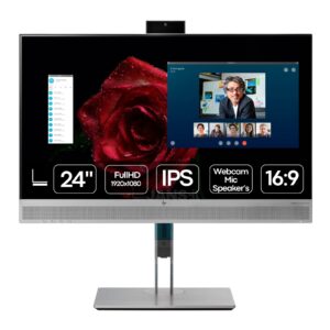 Monitor HP EliteDisplay E243m Multimédia recondicionado JANSit – Monitor profissional de 23.8 polegadas Full HD com webcam pop-up integrada e barra de som frontal. Vista frontal exibindo o ecrã com molduras ultrafinas de três lados e suporte ergonómico ajustável. Com garantia JANSit.