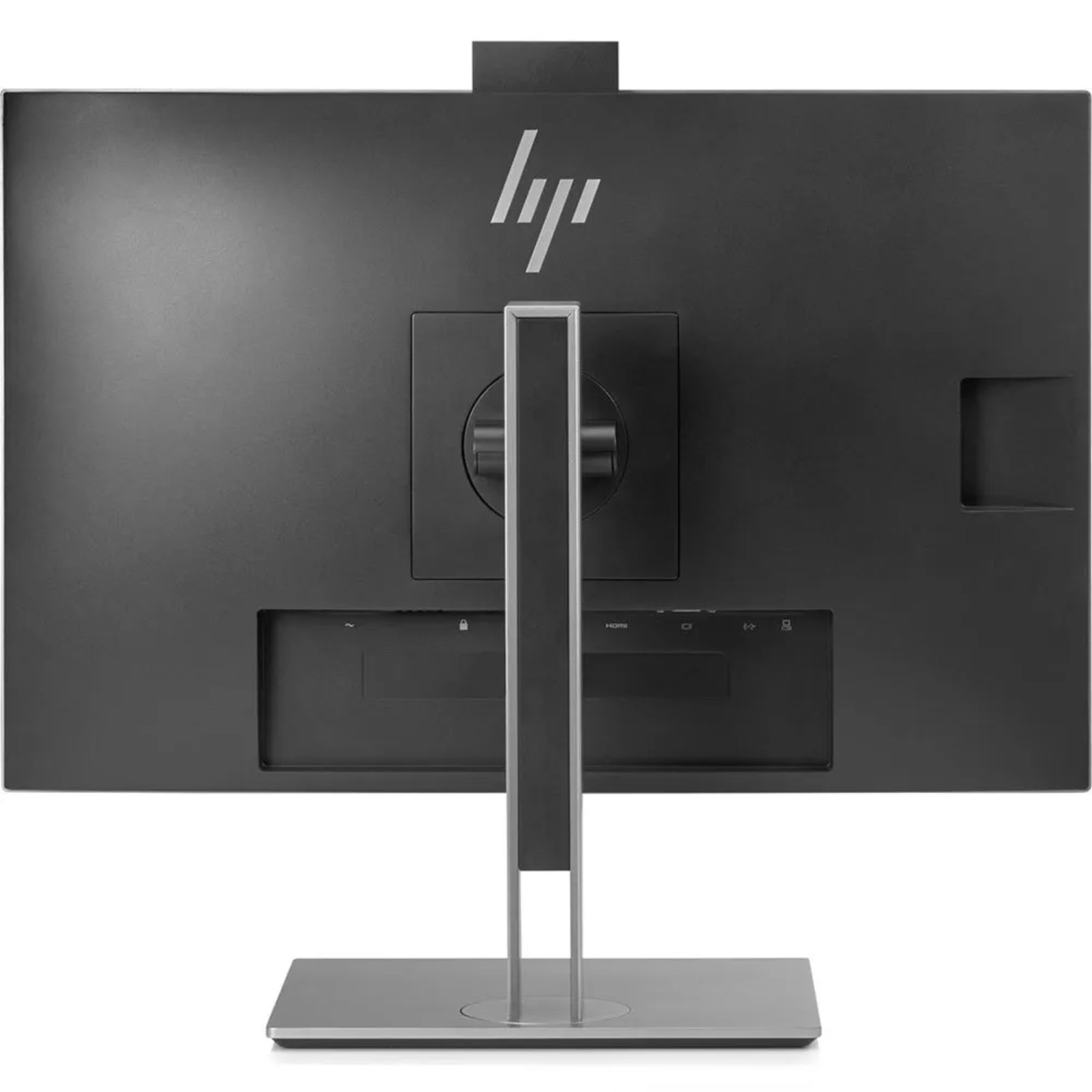 Monitor HP EliteDisplay E243m Multimédia recondicionado JANSit – Vista traseira do monitor profissional de 23.8 polegadas, exibindo as entradas de vídeo HDMI, DisplayPort e VGA, portas do hub USB, furação VESA e calha de organização de cabos. Com garantia JANSit.