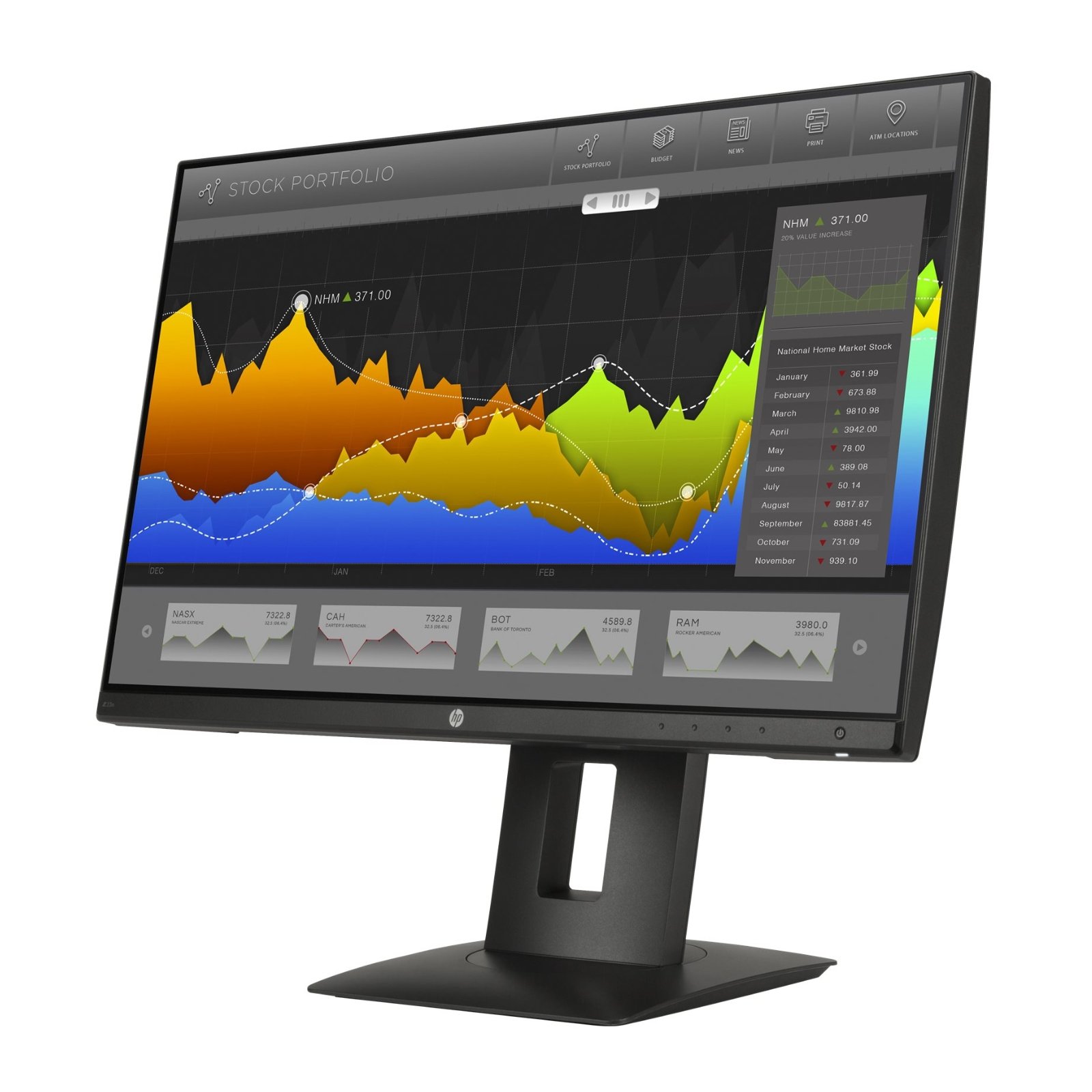Monitor HP Z23n recondicionado JANSit – Vista lateral direita do monitor profissional de 23 polegadas, exibindo o perfil do ecrã preto, portas USB integradas para expansão e base estável de suporte. Com garantia JANSit.