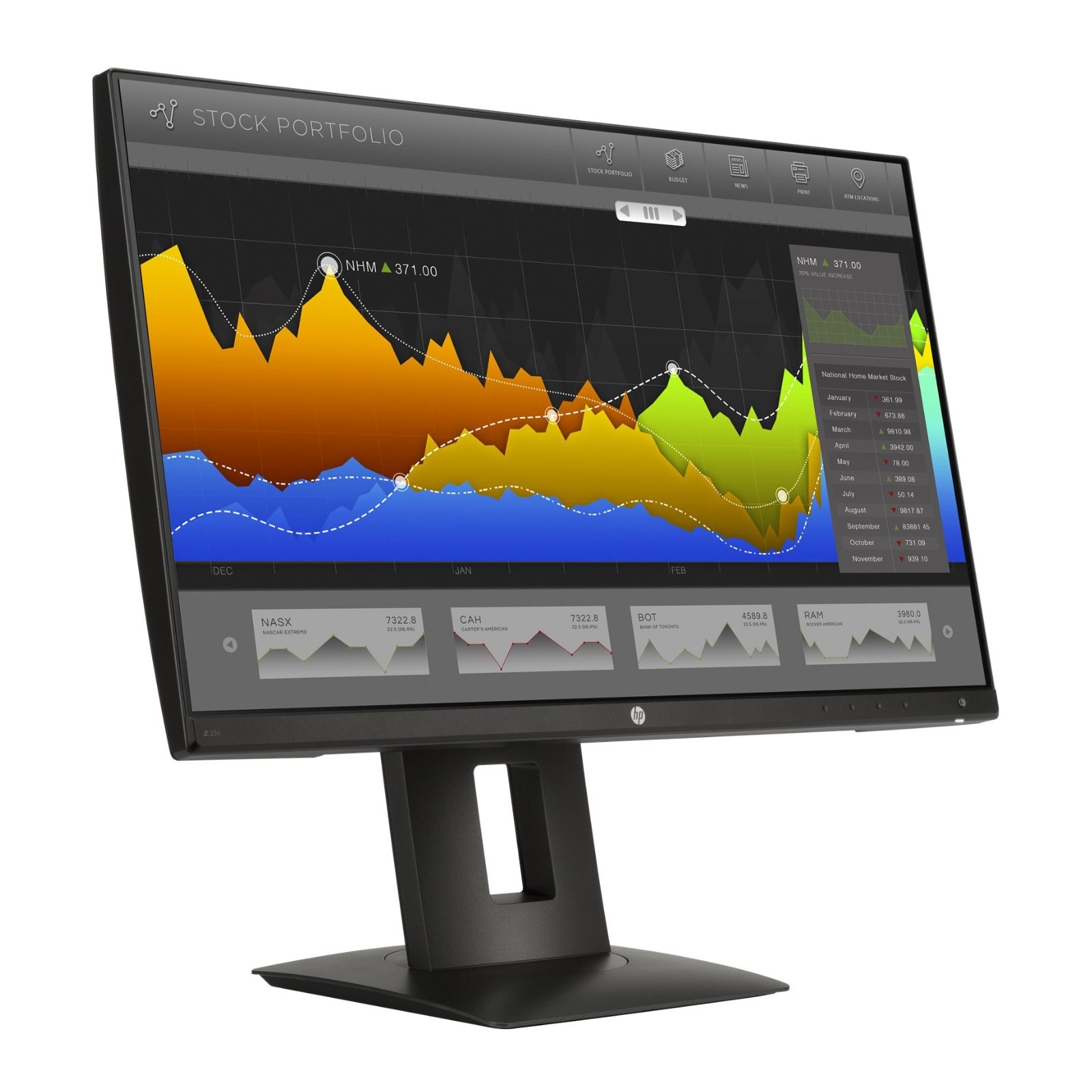 Monitor HP Z23n recondicionado JANSit – Vista lateral esquerda do monitor profissional de 23 polegadas, exibindo o perfil fino do ecrã e o braço de suporte ergonómico com calha integrada para passagem de cabos. Com garantia JANSit.