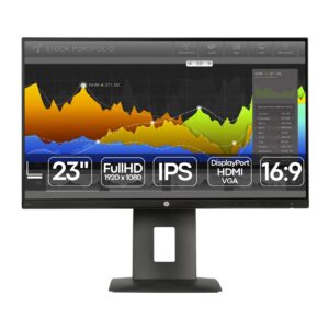 Monitor HP Z23n recondicionado JANSit – Monitor profissional de 23 polegadas com painel IPS e resolução Full HD. Vista frontal do monitor exibindo o ecrã antirreflexo com molduras finas e base de suporte ergonómica ajustável. Com garantia JANSit.