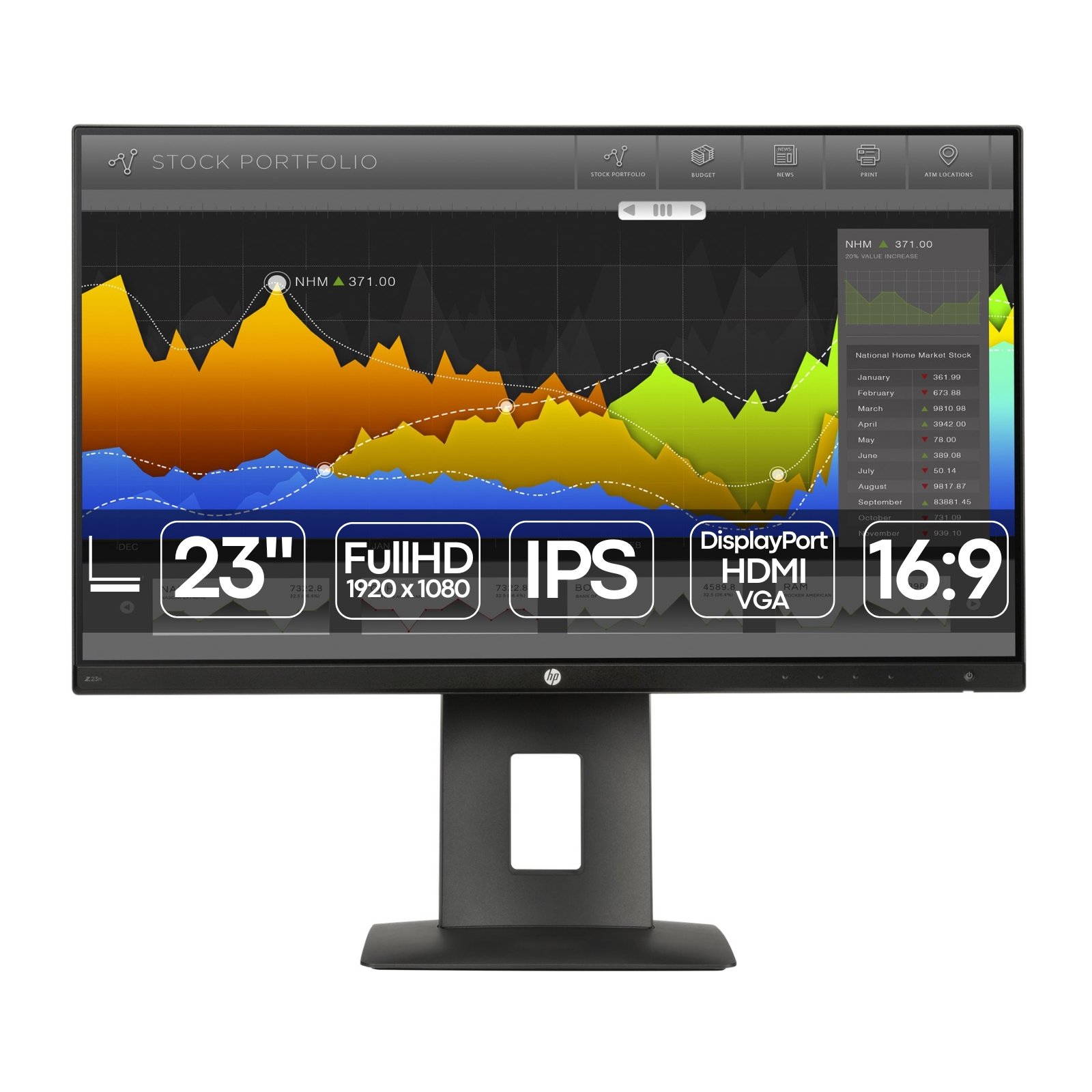 Monitor HP Z23n recondicionado JANSit – Monitor profissional de 23 polegadas com painel IPS e resolução Full HD. Vista frontal do monitor exibindo o ecrã antirreflexo com molduras finas e base de suporte ergonómica ajustável. Com garantia JANSit.