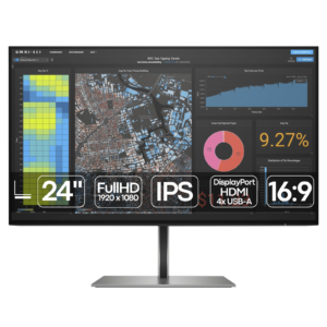 Imagem principal do monitor recondicionado HP Z24f G3 de 23.8 polegadas. Esta fotografia profissional da JANSit destaca o design premium ultra-fino com moldura micro-edge (quase sem margens) e a base ergonómica ajustável. Ideal para profissionais de design, escritórios ou setups de produtividade que procuram um monitor de alta fidelidade de cor e excelente qualidade-preço.