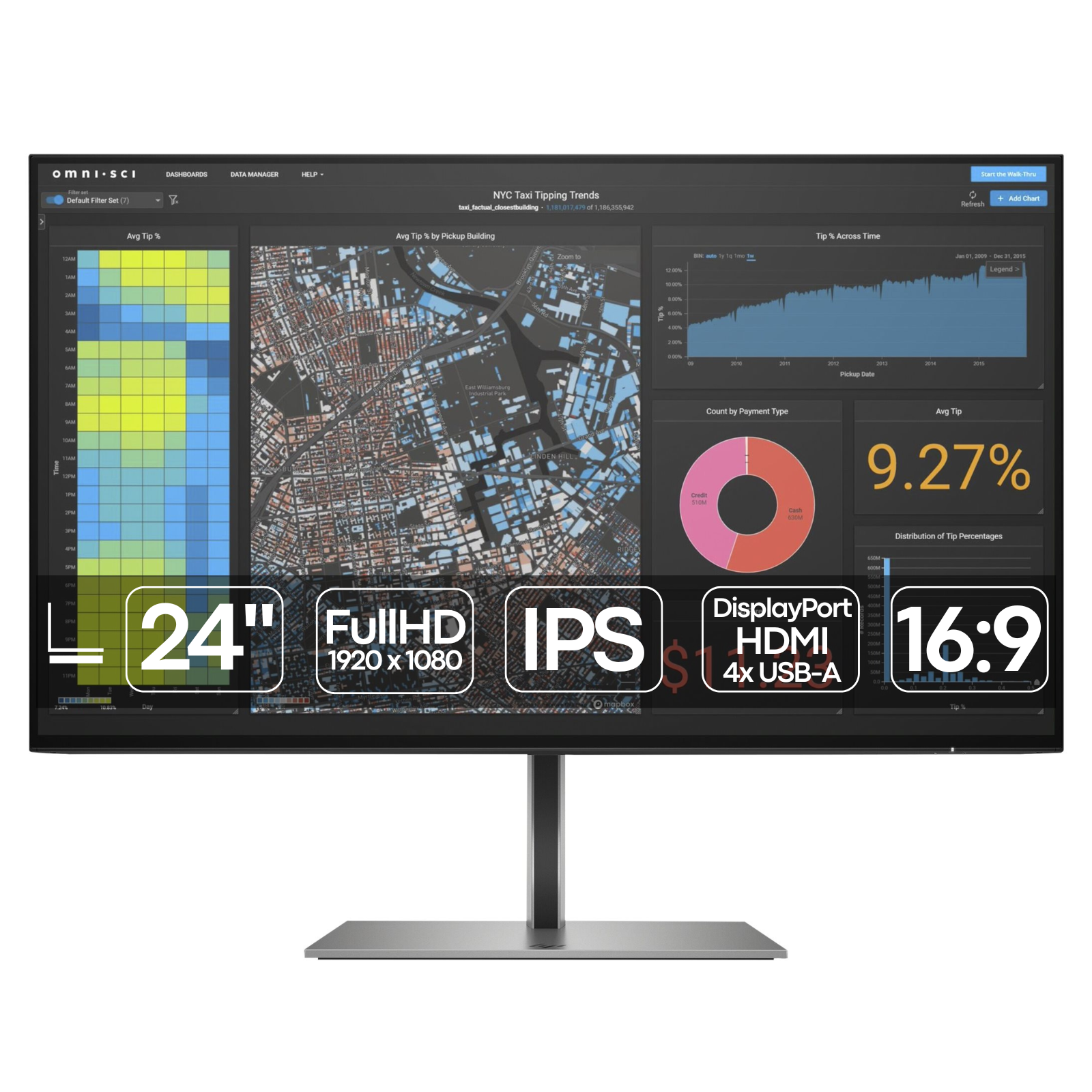Imagem principal do monitor recondicionado HP Z24f G3 de 23.8 polegadas. Esta fotografia profissional da JANSit destaca o design premium ultra-fino com moldura micro-edge (quase sem margens) e a base ergonómica ajustável. Ideal para profissionais de design, escritórios ou setups de produtividade que procuram um monitor de alta fidelidade de cor e excelente qualidade-preço.