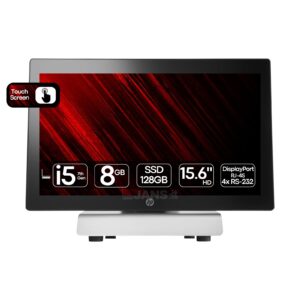 POS HP RP9 G1 recondicionado JANSit – Sistema de ponto de venda profissional All-in-One com processador Intel Core i5 e ecrã Touchscreen. Vista frontal do terminal de atendimento, exibindo o ecrã tátil de molduras finas e base de suporte ergonómica ajustável. Com garantia JANSit.