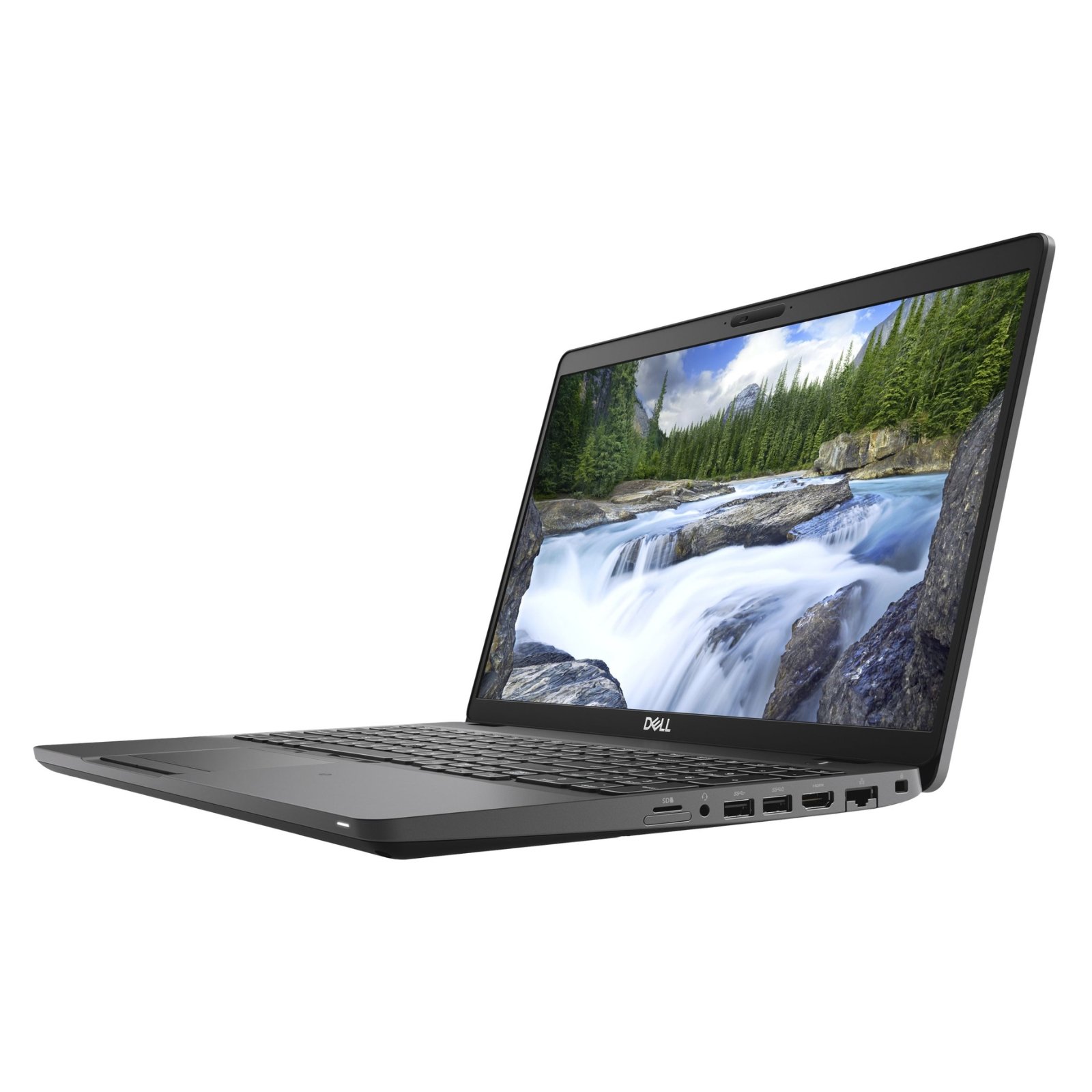 Portátil Dell Latitude 5500 recondicionado JANSit – Vista lateral direita do portátil profissional de 15.6 polegadas, exibindo a entrada de rede Ethernet RJ-45, portas USB 3.1, conector de áudio combo (auscultadores/microfone) e o leitor de cartões de memória MicroSD. Com garantia JANSit.