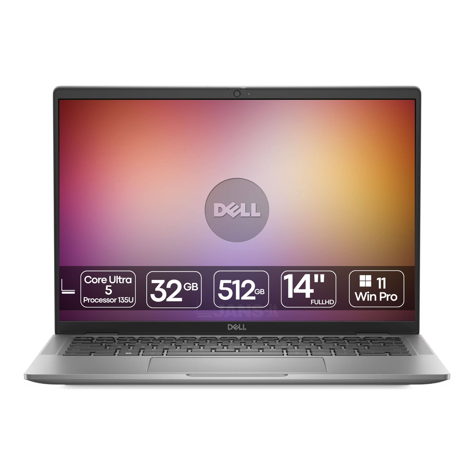 Portátil Dell Latitude 7450 recondicionado JANSit – Portátil premium de 14 polegadas com processador Intel Core Ultra 5, 32GB de RAM e SSD de 512GB. Vista frontal do equipamento aberto, exibindo o ecrã Full HD, teclado em português e chassis elegante de liga de alumínio. Com garantia JANSit.