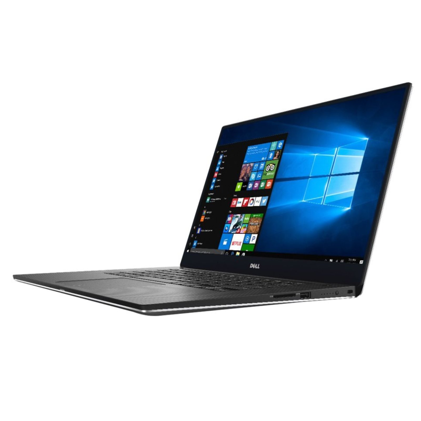 Detalhe da lateral direita da workstation portátil recondicionada Dell Precision 5520. Esta imagem destaca o perfil ultra-fino do chassi, a porta USB 3.0 com PowerShare, o leitor de cartões SD de alta velocidade e o indicador de nível de bateria. Um detalhe indispensável para fotógrafos e criadores de conteúdo que procuram rapidez na transferência de ficheiros, disponível na JANSit.