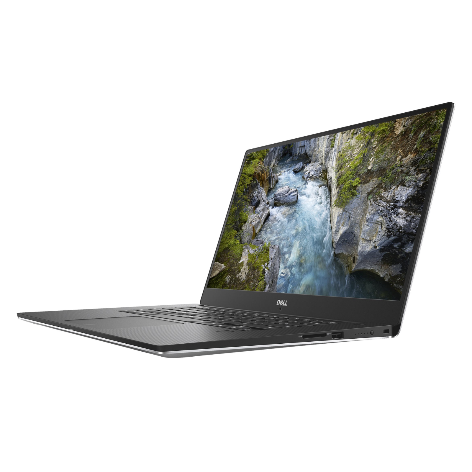 Workstation Portátil Dell Precision 5530 recondicionado JANSit – Vista lateral direita da workstation profissional de 15.6 polegadas, exibindo o chassis fino de alumínio prateado, porta USB 3.1, leitor de cartões SD e o botão indicador de estado de bateria. Com garantia JANSit.