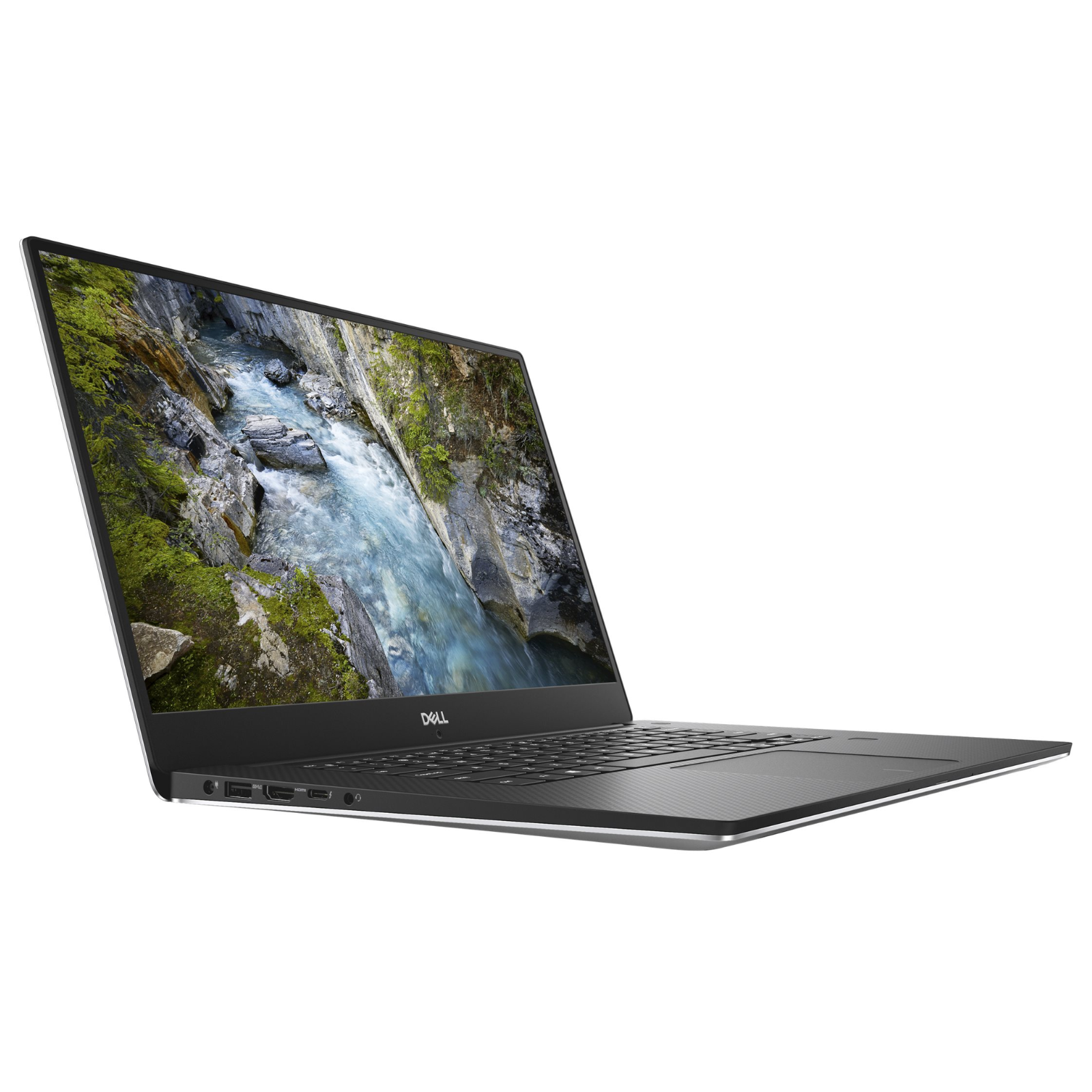Workstation Portátil Dell Precision 5530 recondicionado JANSit – Vista lateral esquerda da workstation profissional de 15.6 polegadas, exibindo o perfil ultrafino em alumínio prateado, porta Thunderbolt 3 (USB-C), saída HDMI, porta USB 3.1 e entrada de áudio. Com garantia JANSit.
