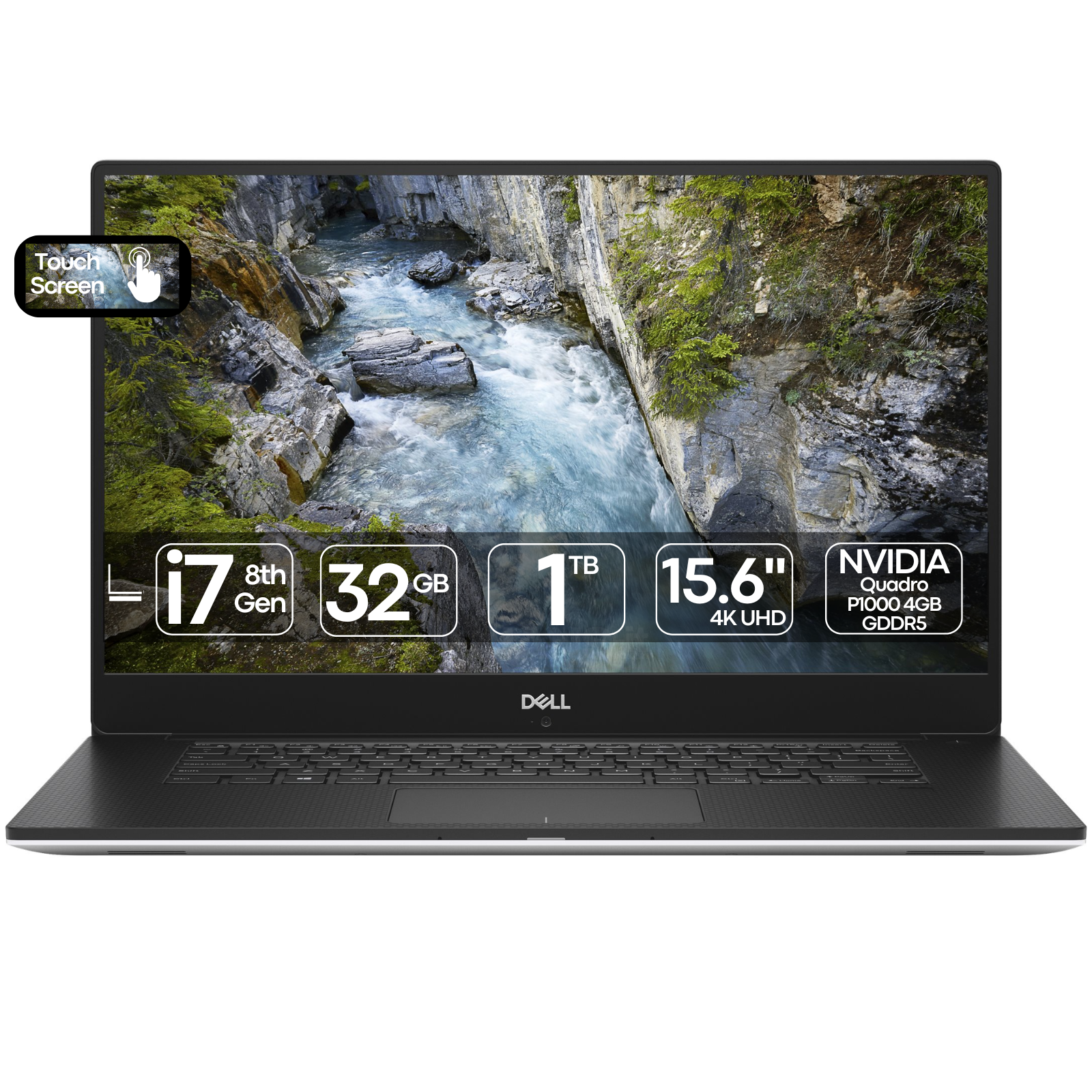 Workstation Portátil Dell Precision 5530 recondicionado JANSit – Portátil profissional de 15.6 polegadas com ecrã 4K Touchscreen, processador Intel Core i7 e gráfica NVIDIA Quadro P1000. Vista frontal do equipamento aberto, exibindo o ecrã tátil de alta resolução com molduras finas, teclado em português e descanso para os pulsos em fibra de carbono preta. Com garantia JANSit.