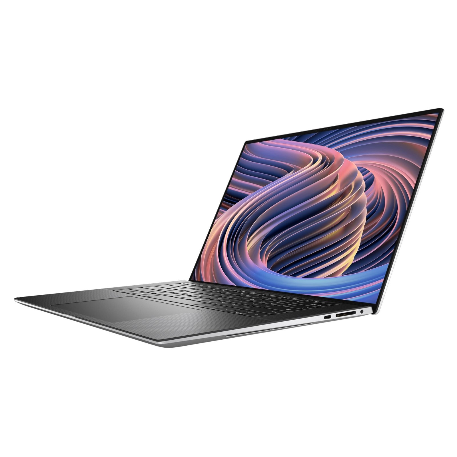 Portátil Dell XPS 15 9520 recondicionado JANSit – Vista lateral direita do portátil premium de 15.6 polegadas, exibindo o chassis ultrafino de alumínio cinzento, uma porta USB-C de alta velocidade e o leitor de cartões SD integrado. Com garantia JANSit.