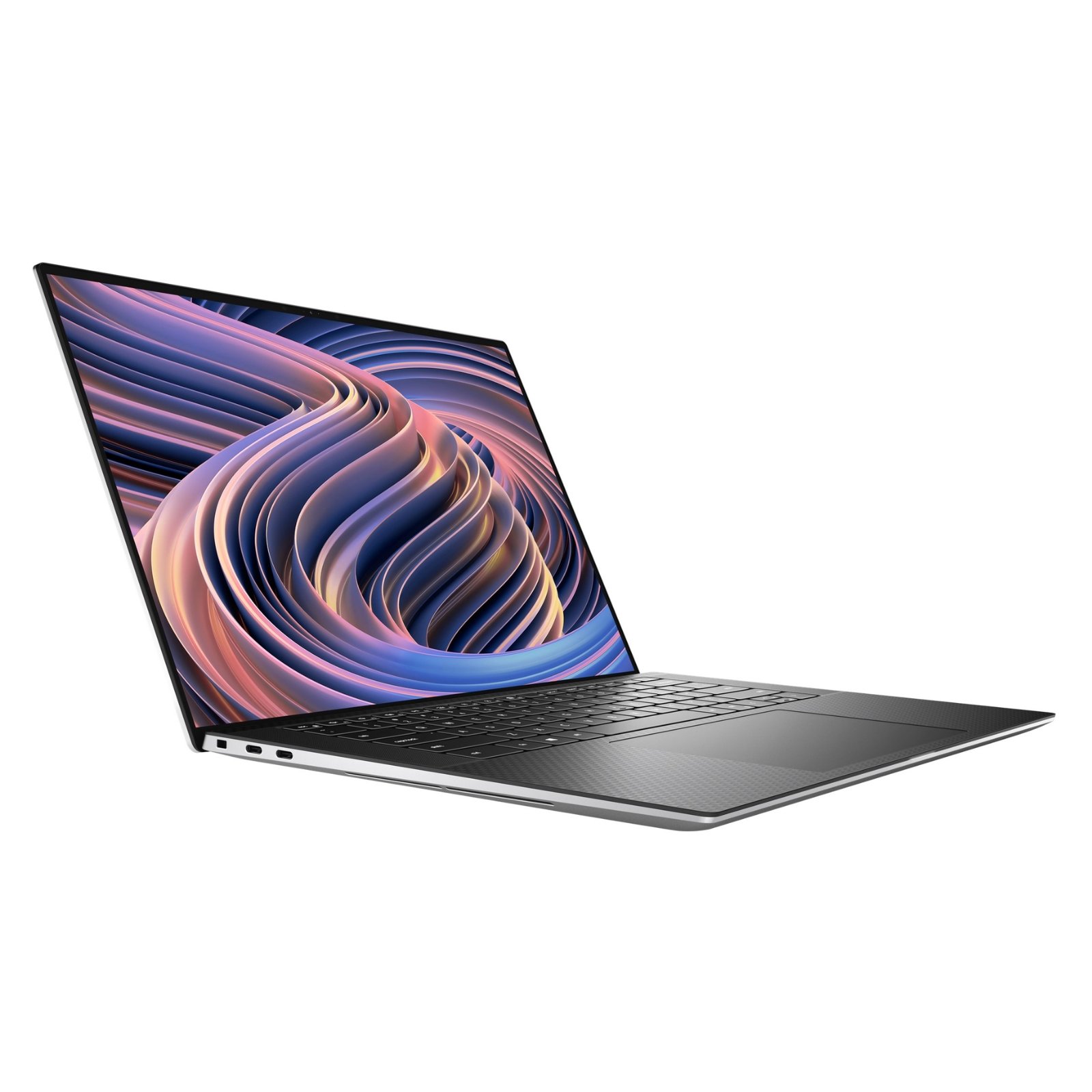 Portátil Dell XPS 15 9520 recondicionado JANSit – Vista lateral esquerda do portátil premium de 15.6 polegadas, exibindo o perfil ultrafino com laterais polidas a diamante, duas portas Thunderbolt 4 (USB-C) de alta velocidade e entrada combinada de áudio. Com garantia JANSit.