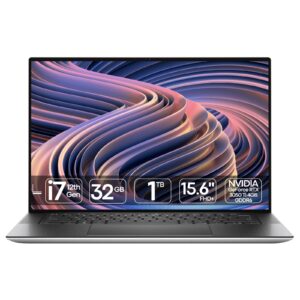 Portátil Dell XPS 15 9520 recondicionado JANSit – Portátil premium de 15.6 polegadas com processador Intel Core i7 e gráfica NVIDIA GeForce RTX 3050 Ti. Vista frontal do equipamento aberto, exibindo o ecrã InfinityEdge de margens ultrafinas, teclado retroiluminado em português, trackpad de grandes dimensões e interior em fibra de carbono preta. Com garantia JANSit.