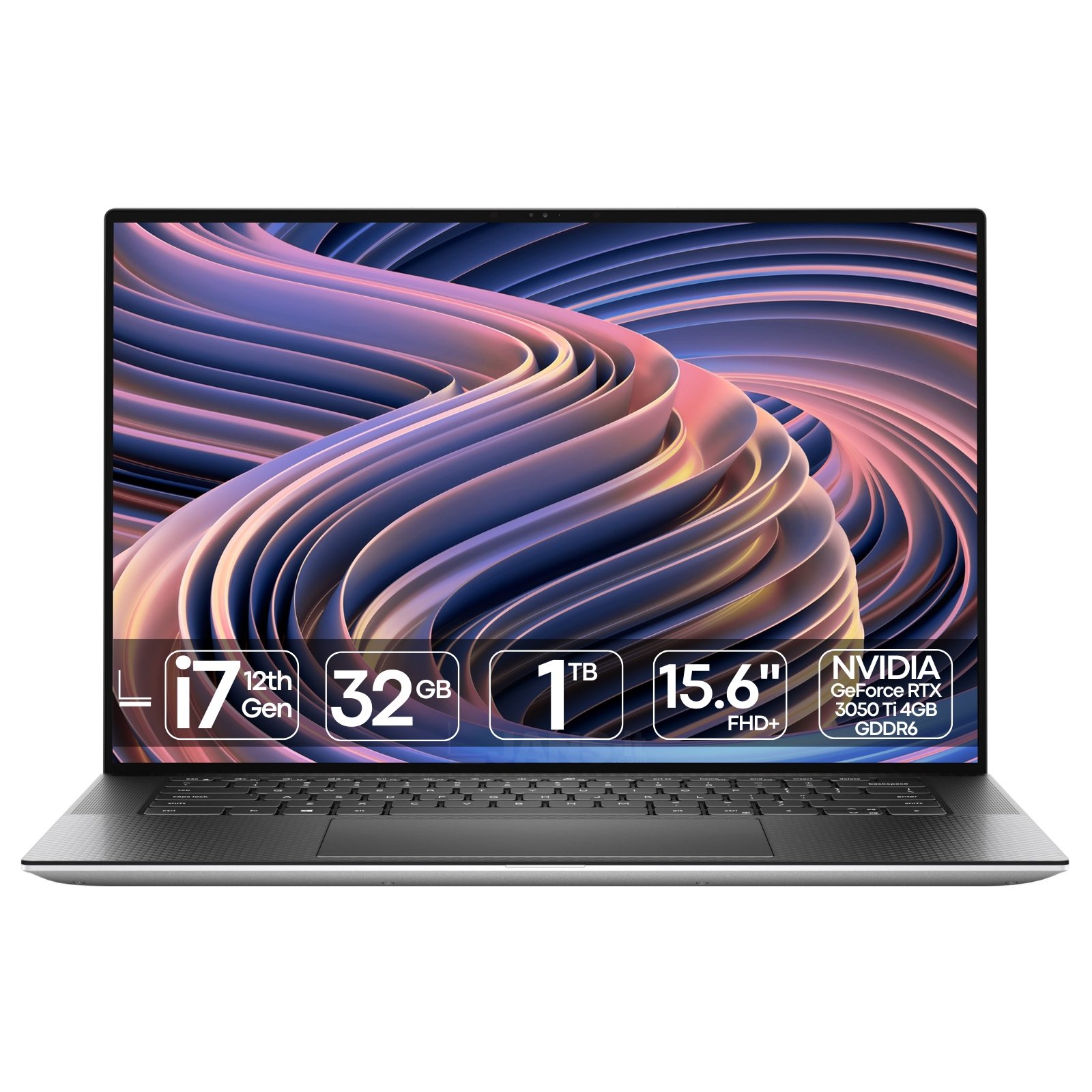 Portátil Dell XPS 15 9520 recondicionado JANSit – Portátil premium de 15.6 polegadas com processador Intel Core i7 e gráfica NVIDIA GeForce RTX 3050 Ti. Vista frontal do equipamento aberto, exibindo o ecrã InfinityEdge de margens ultrafinas, teclado retroiluminado em português, trackpad de grandes dimensões e interior em fibra de carbono preta. Com garantia JANSit.