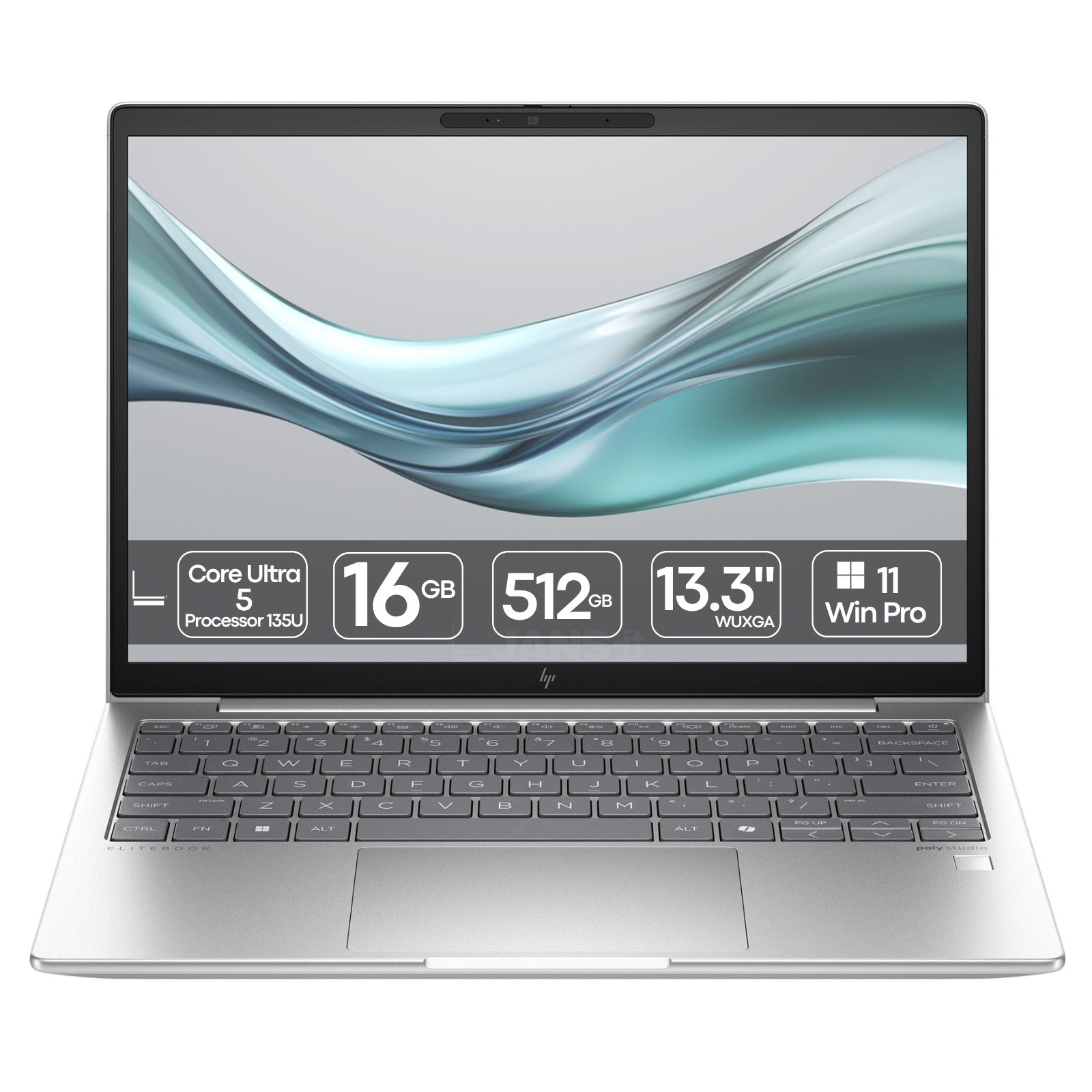 Portátil HP EliteBook 630 G11 recondicionado JANSit – Portátil profissional compacto de 13,3 polegadas com processador Intel Core Ultra 5. Vista frontal do equipamento aberto, exibindo o chassis em alumínio prateado, ecrã antirreflexo e teclado retroiluminado. Com garantia JANSit.