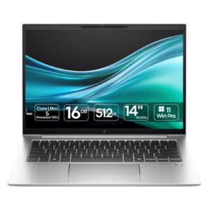 Portátil HP EliteBook 840 G11 recondicionado JANSit – Portátil profissional premium de 14 polegadas WUXGA com processador Intel Core Ultra 5, 16GB de RAM e SSD de 512GB. Vista frontal do equipamento aberto, exibindo o ecrã antirreflexo de molduras finas, teclado em português e chassis elegante em alumínio prateado. Com garantia JANSit.
