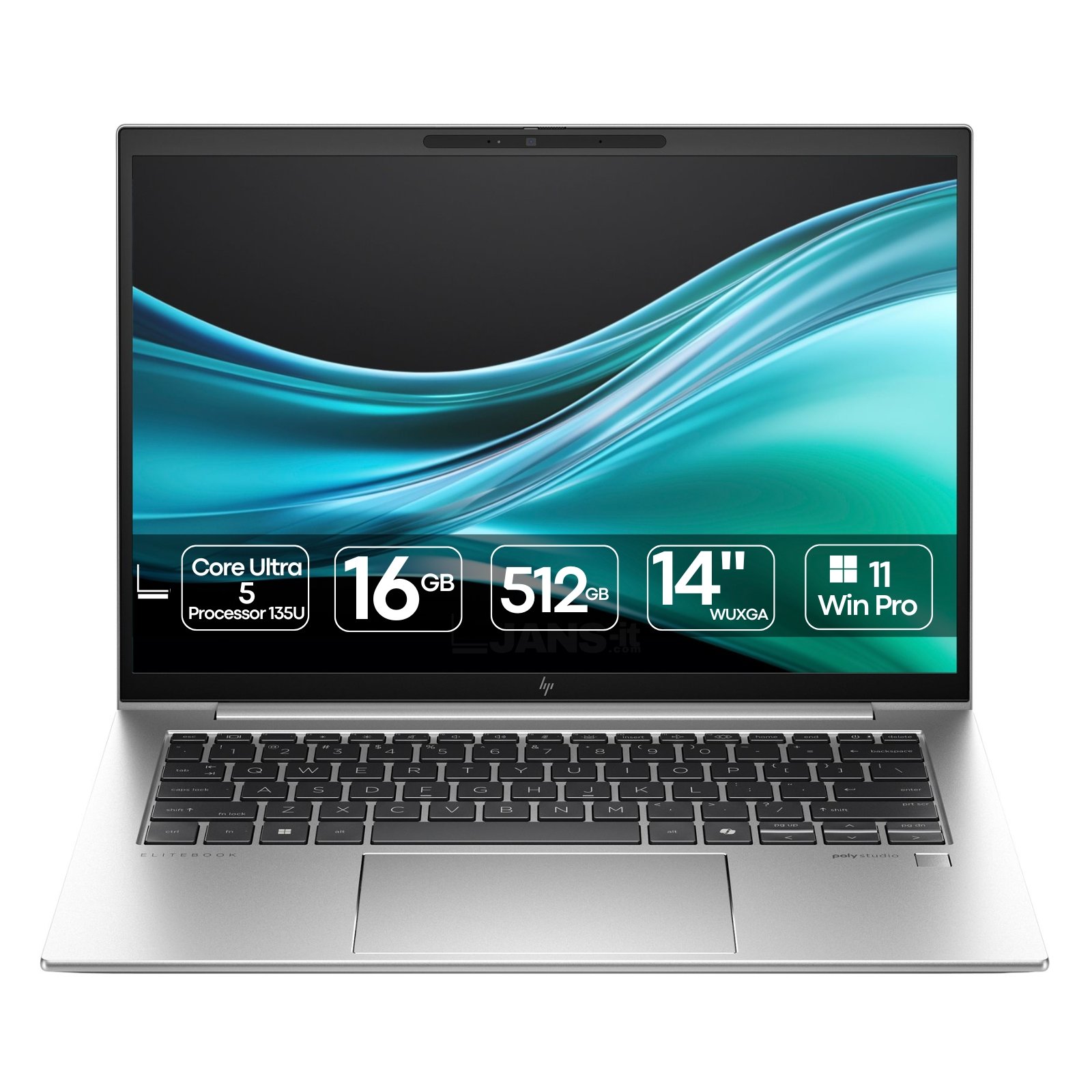 Portátil HP EliteBook 840 G11 recondicionado JANSit – Portátil profissional premium de 14 polegadas WUXGA com processador Intel Core Ultra 5, 16GB de RAM e SSD de 512GB. Vista frontal do equipamento aberto, exibindo o ecrã antirreflexo de molduras finas, teclado em português e chassis elegante em alumínio prateado. Com garantia JANSit.