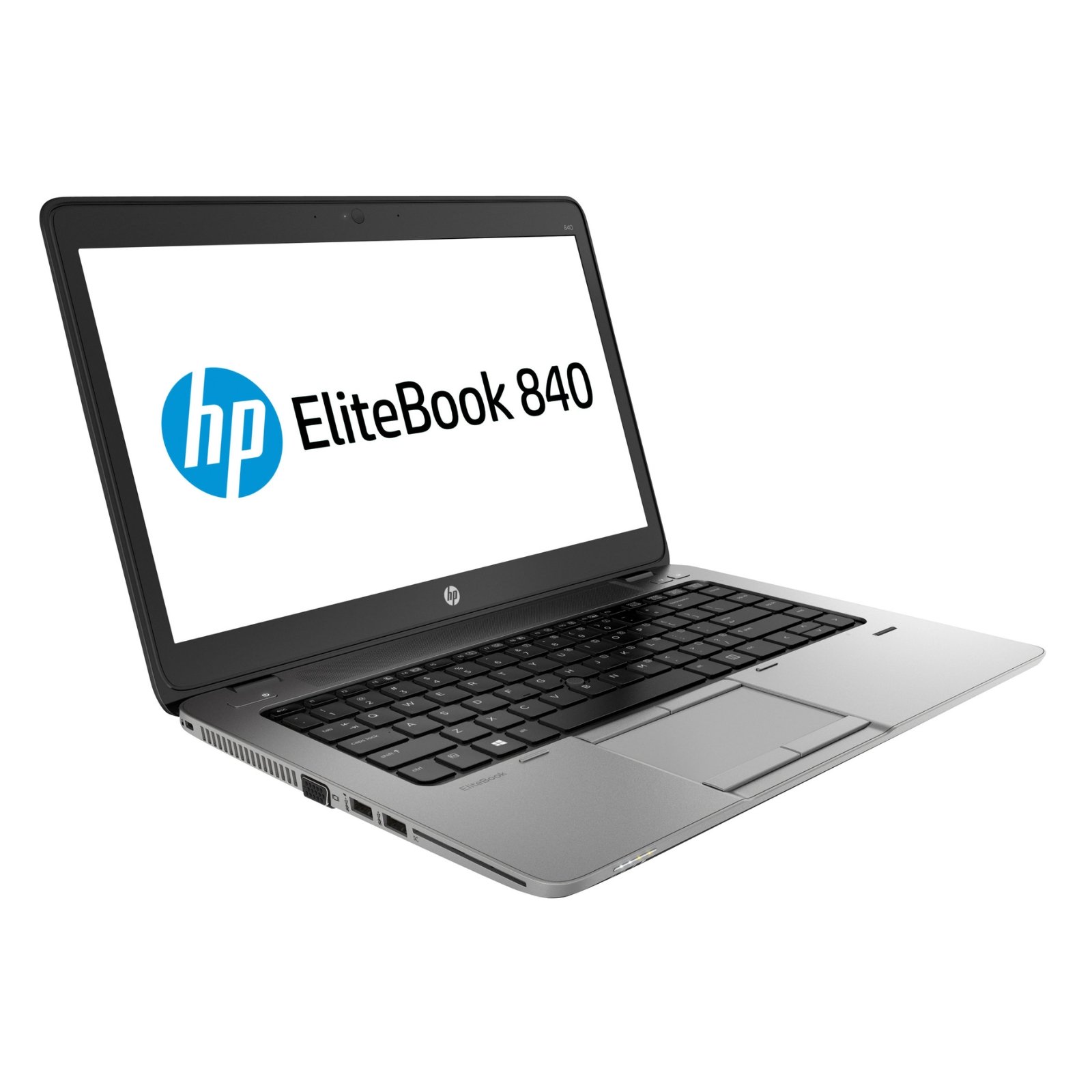 Portátil HP EliteBook 840 G2 recondicionado JANSit – Vista lateral esquerda do portátil profissional de 14 polegadas, exibindo o chassis robusto com acabamento cinzento, a grelha de ventilação lateral, saída analógica VGA e portas USB 3.0. Com garantia JANSit.