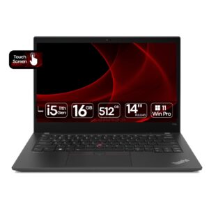 Portátil Lenovo ThinkPad T14s Gen 2 touchscreen recondicionado JANSit – Portátil profissional ultraportátil com processador Intel Core i5 e ecrã tátil de 14 polegadas. Vista frontal do equipamento aberto, exibindo o teclado ergonómico e o TrackPoint vermelho característico. Com garantia JANSit.